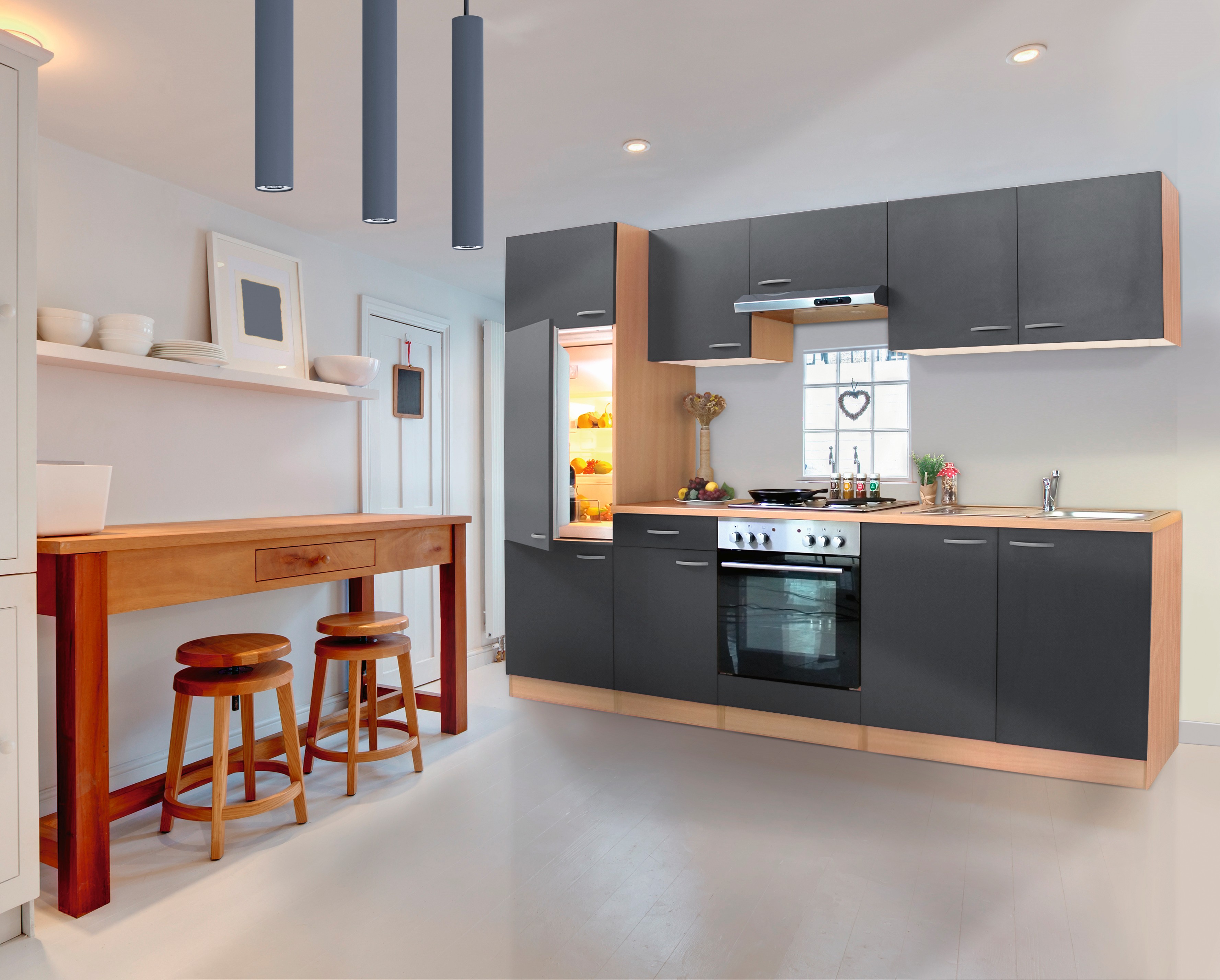 Respekta K&uuml;chenzeile KB270BGE 270 cm Grau-Buche Nachbildung 