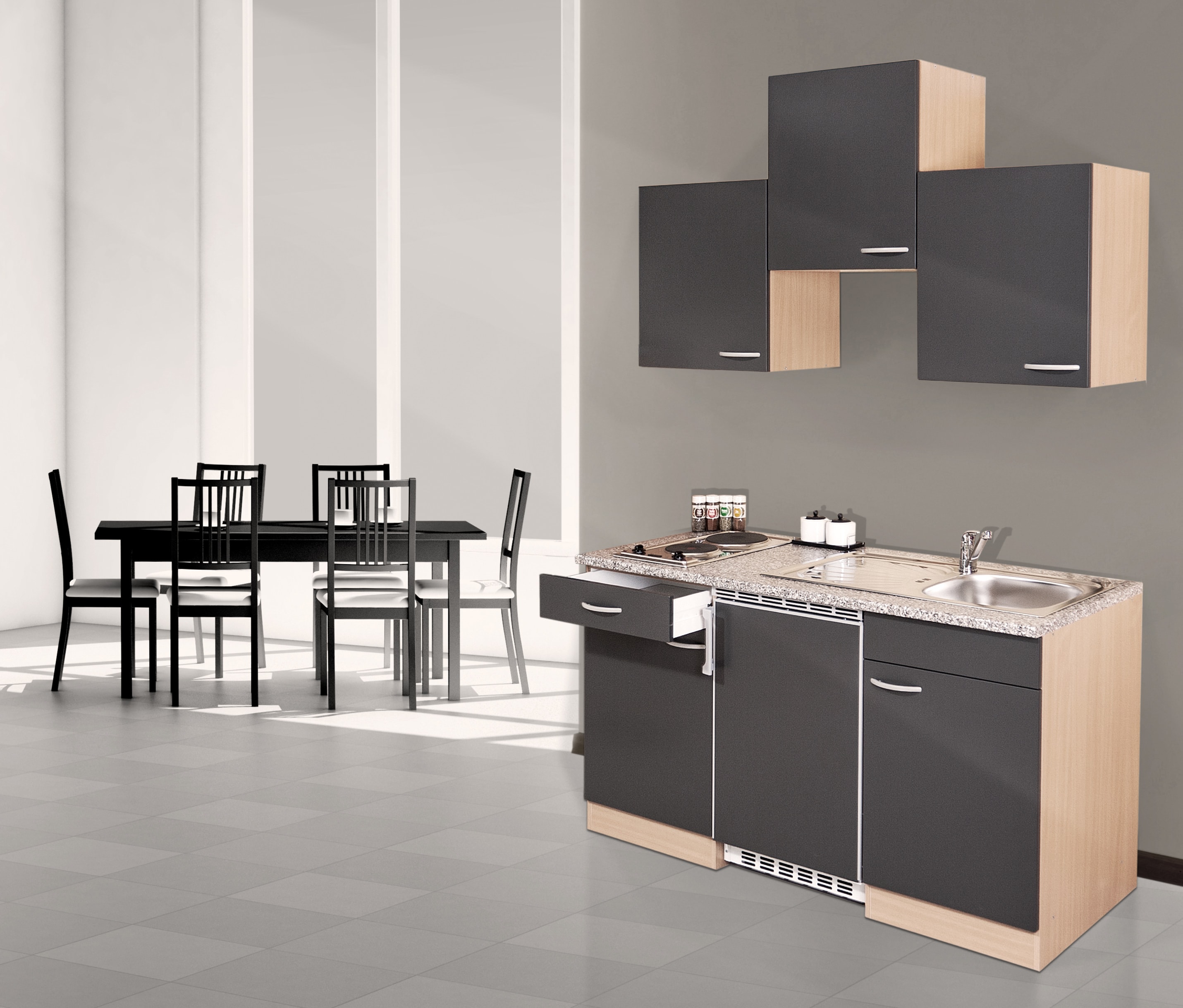 Respekta K&uuml;chenzeile KB150BG 150 cm Grau-Buche Nachbildung 