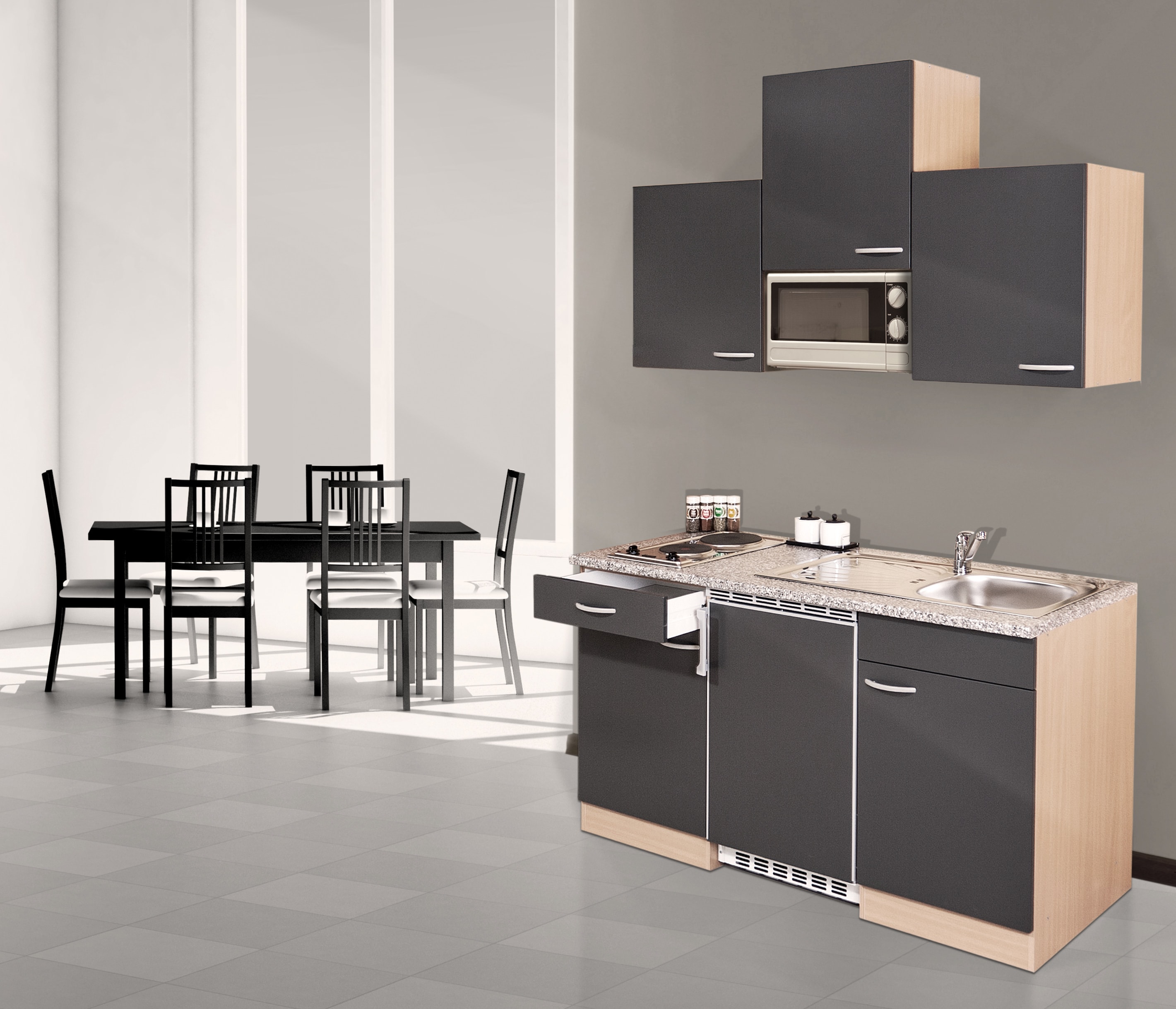 Respekta K&uuml;chenzeile KB150BGMI 150 cm Grau-Buche Nachbildung 