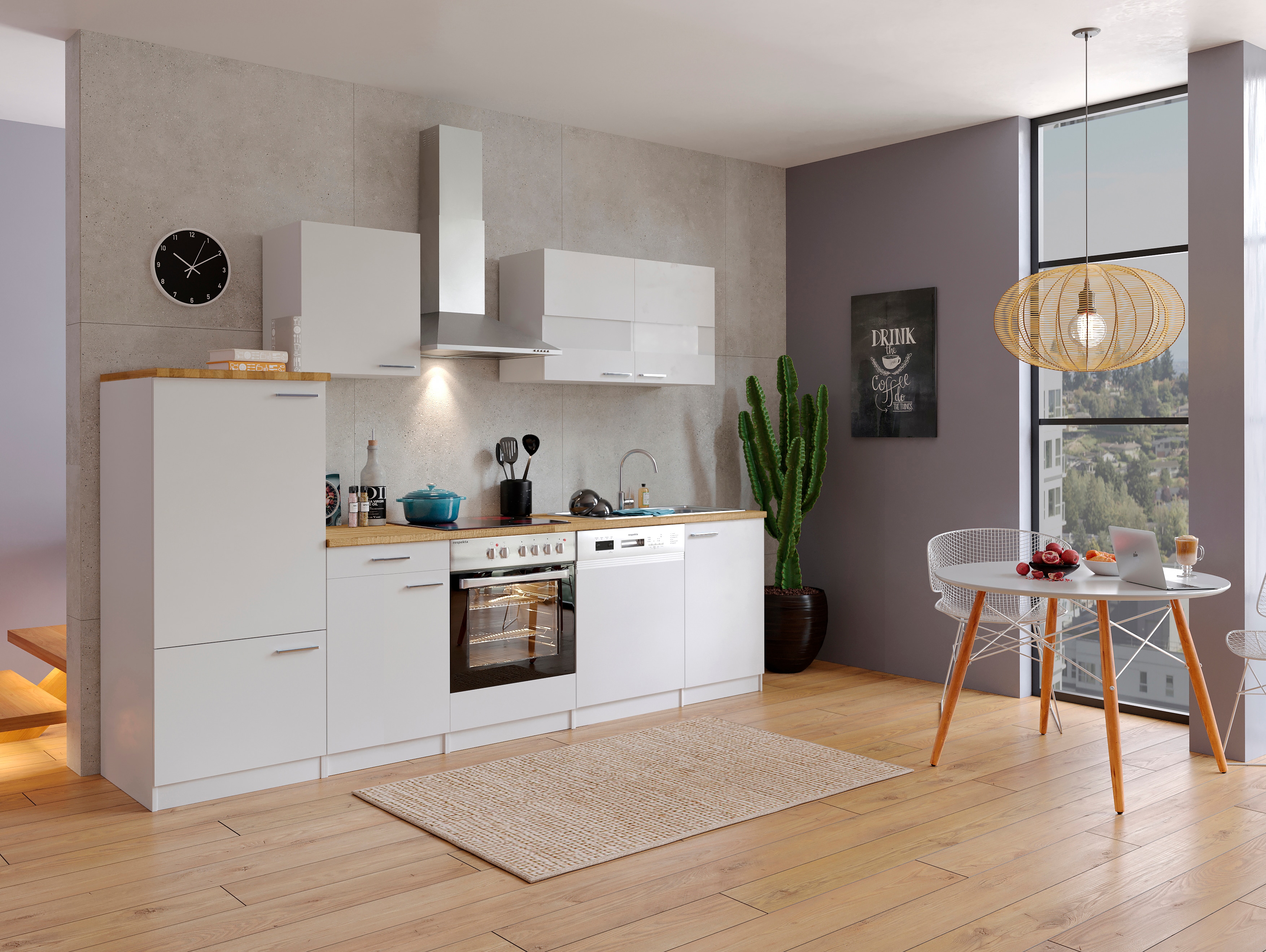 Respekta K&uuml;chenzeile KB280WWC 280 cm Wei&szlig; mit Glaskeramik 