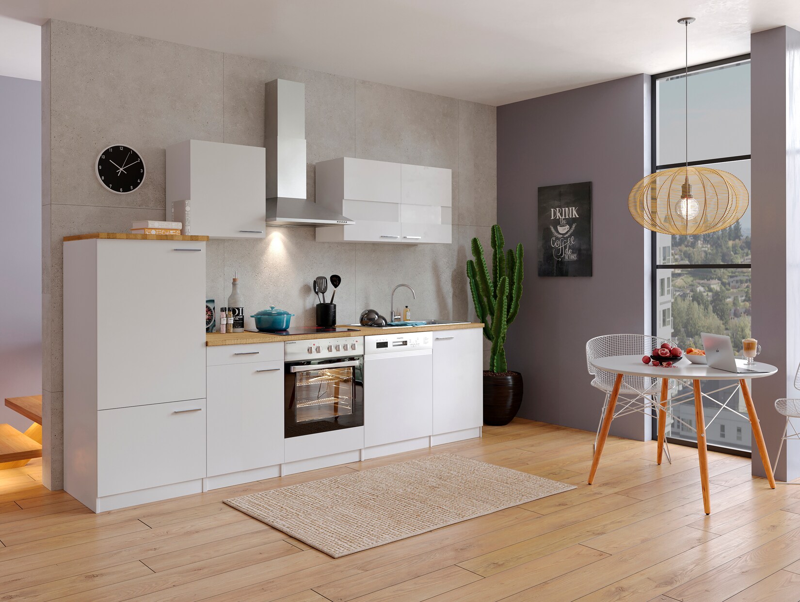 Respekta Küchenzeile KB280WWC 280 cm Weiß mit Glaskeramik