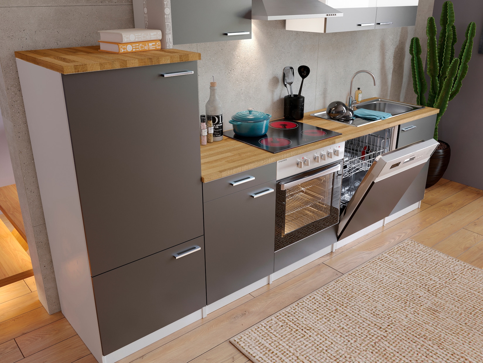 Respekta Küchenzeile KB280WGC 280 cm Weiß - Grau mit Glaskeramik