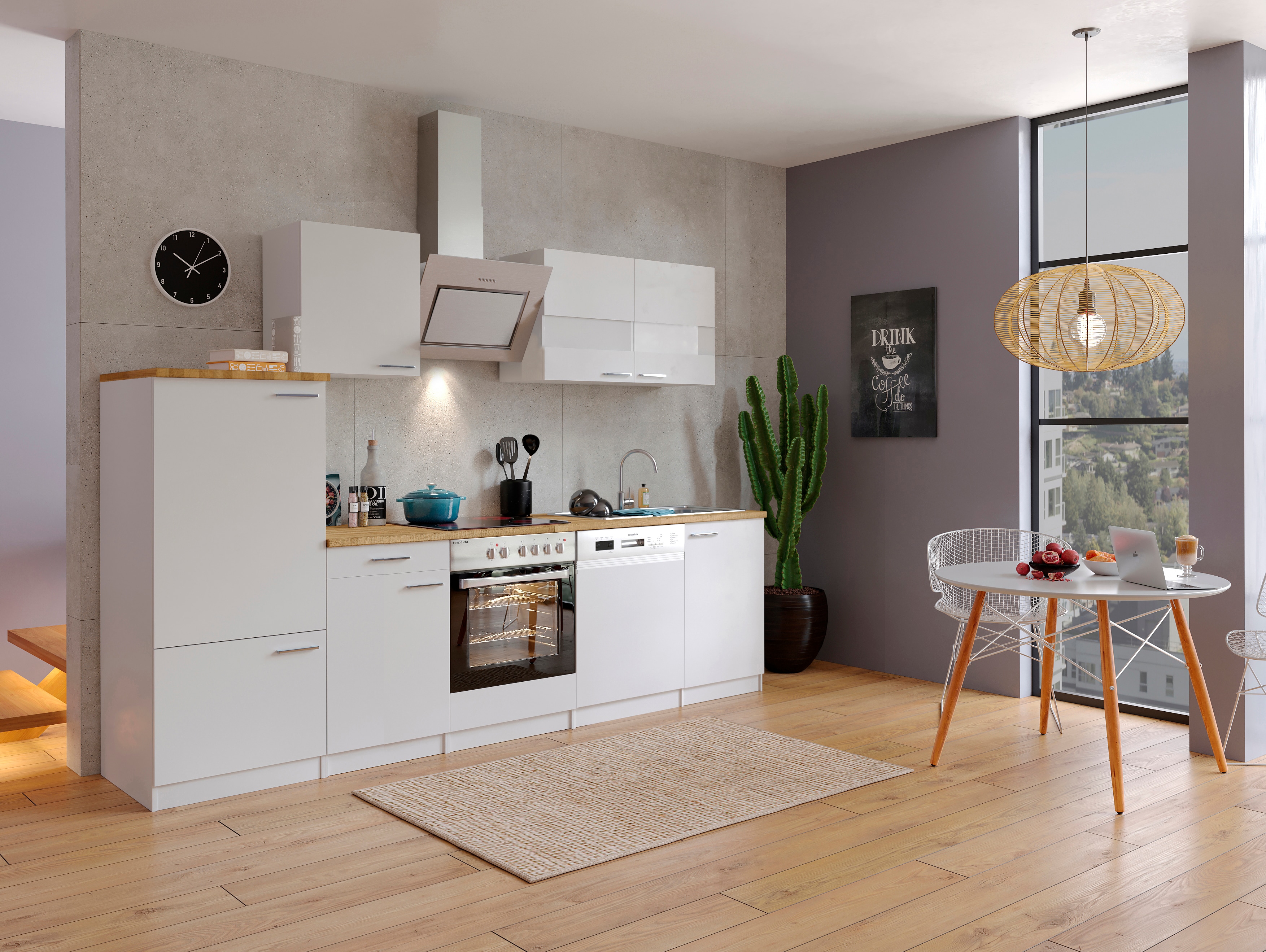 Respekta K&uuml;chenzeile KB280WWSC 280 cm Wei&szlig; mit Glaskeramik 