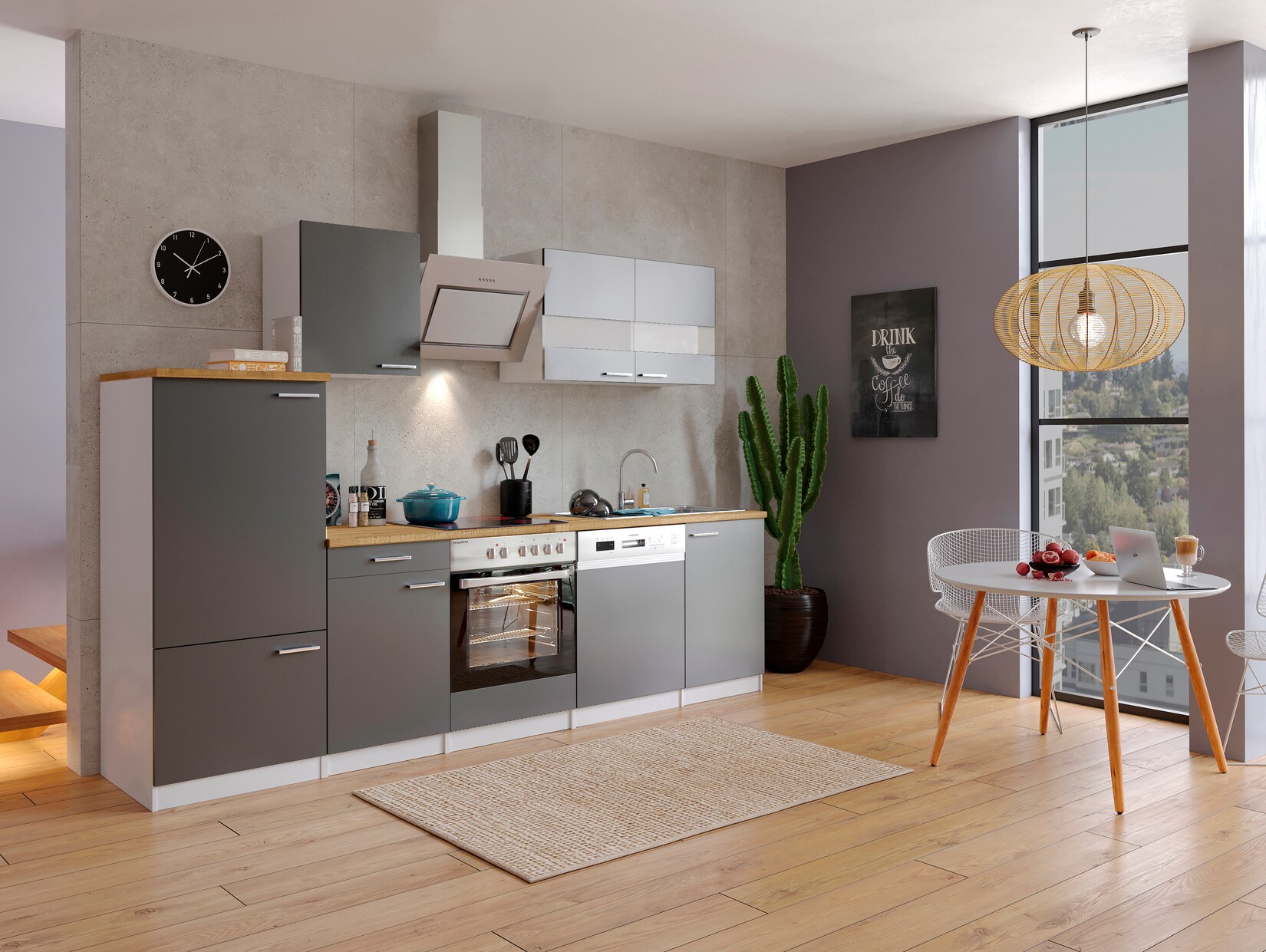 Respekta Küchenzeile KB280WGSC 280 cm Weiß - Grau mit Glaskeramik