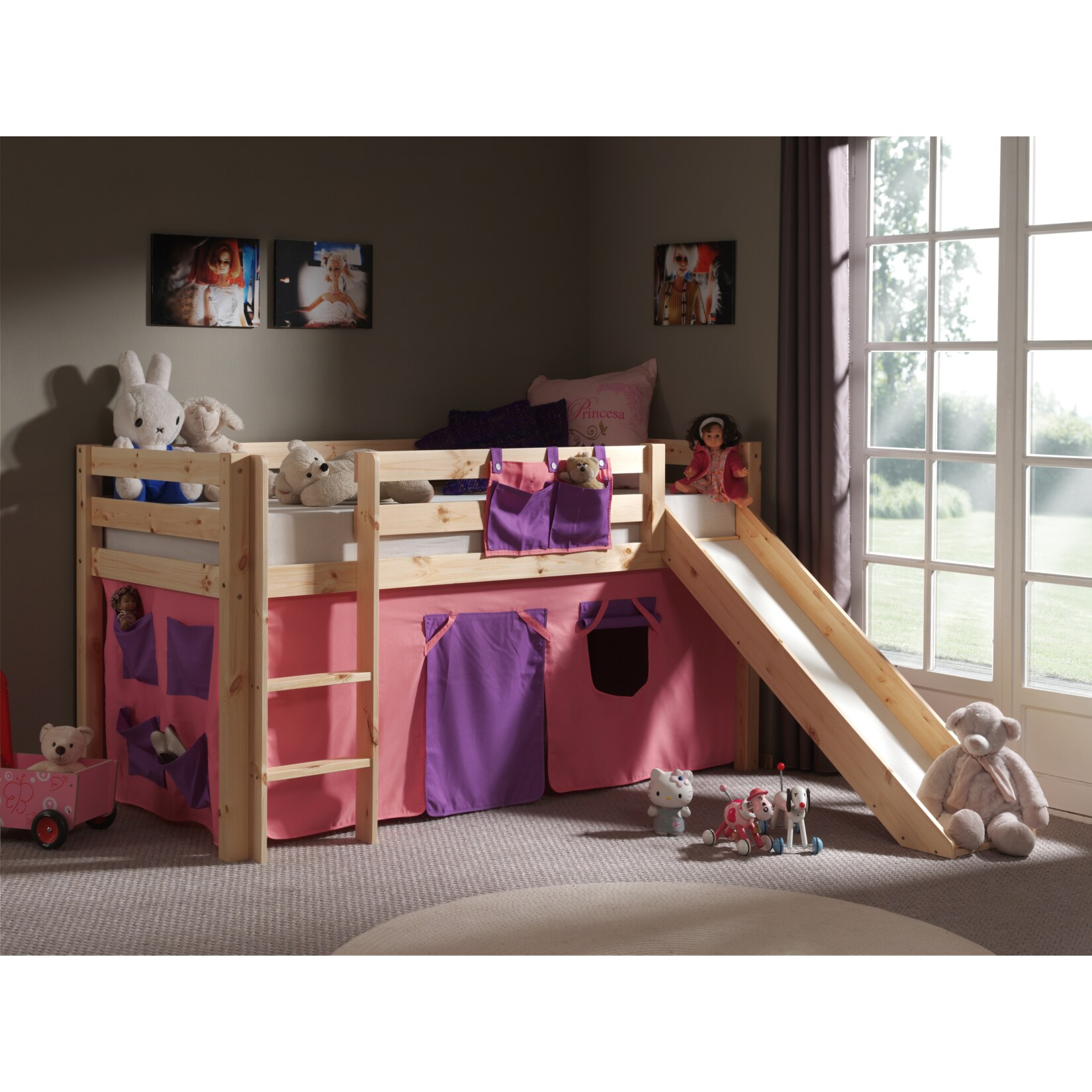Vipack Spielbett Pino mit Rutsche und Textilset "Bella", Kiefer massiv natur lackiert