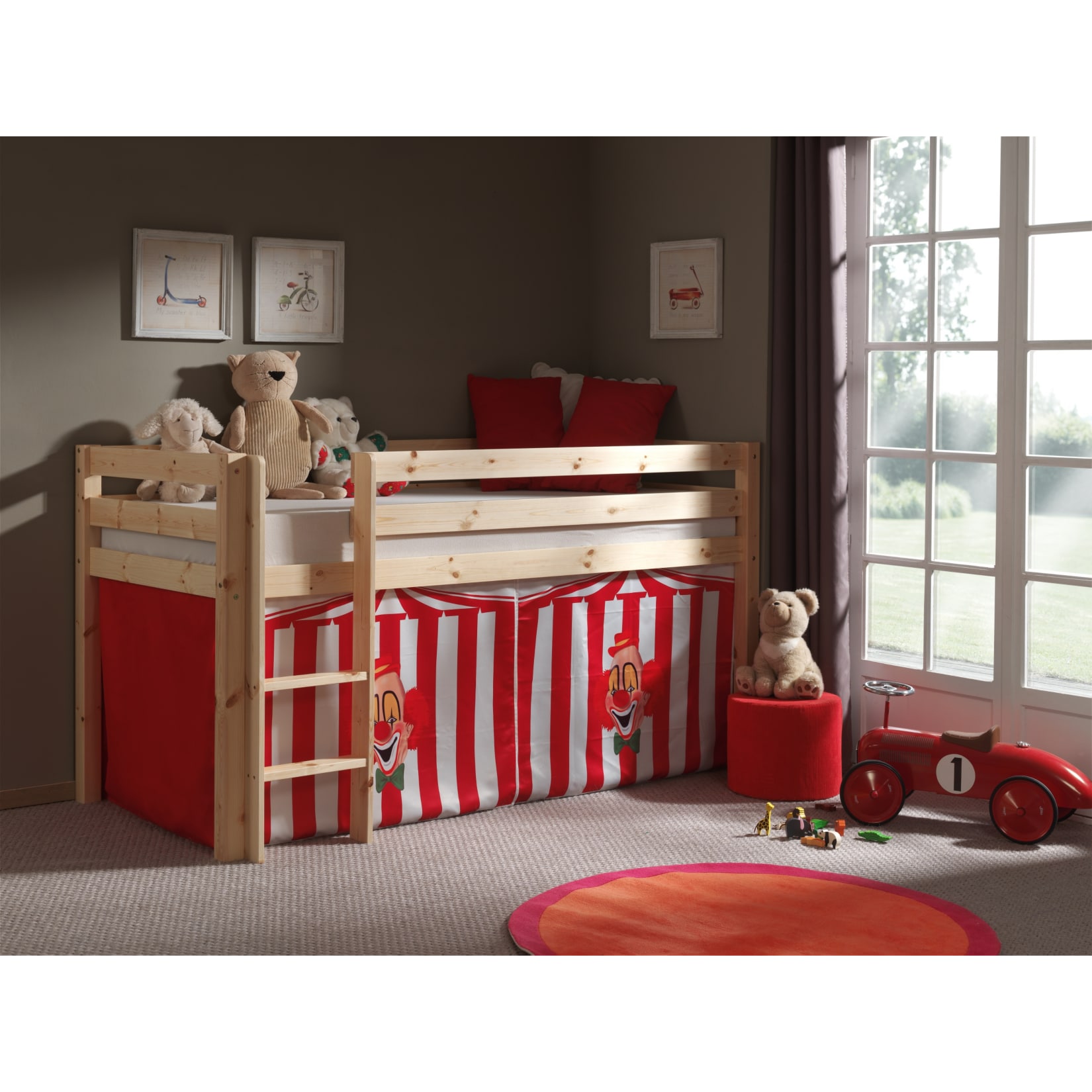 Vipack Spielbett Pino mit Textilset "Zirkus", Kiefer massiv natur lackiert 