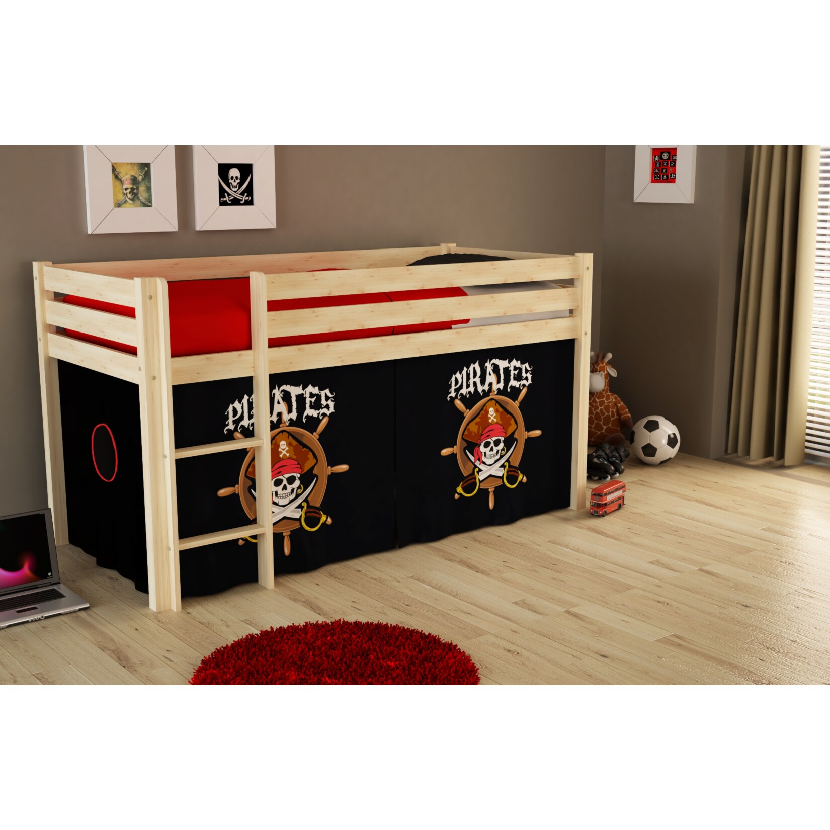 Vipack Spielbett Pino mit Textilset "Pirates", Kiefer massiv natur lackiert