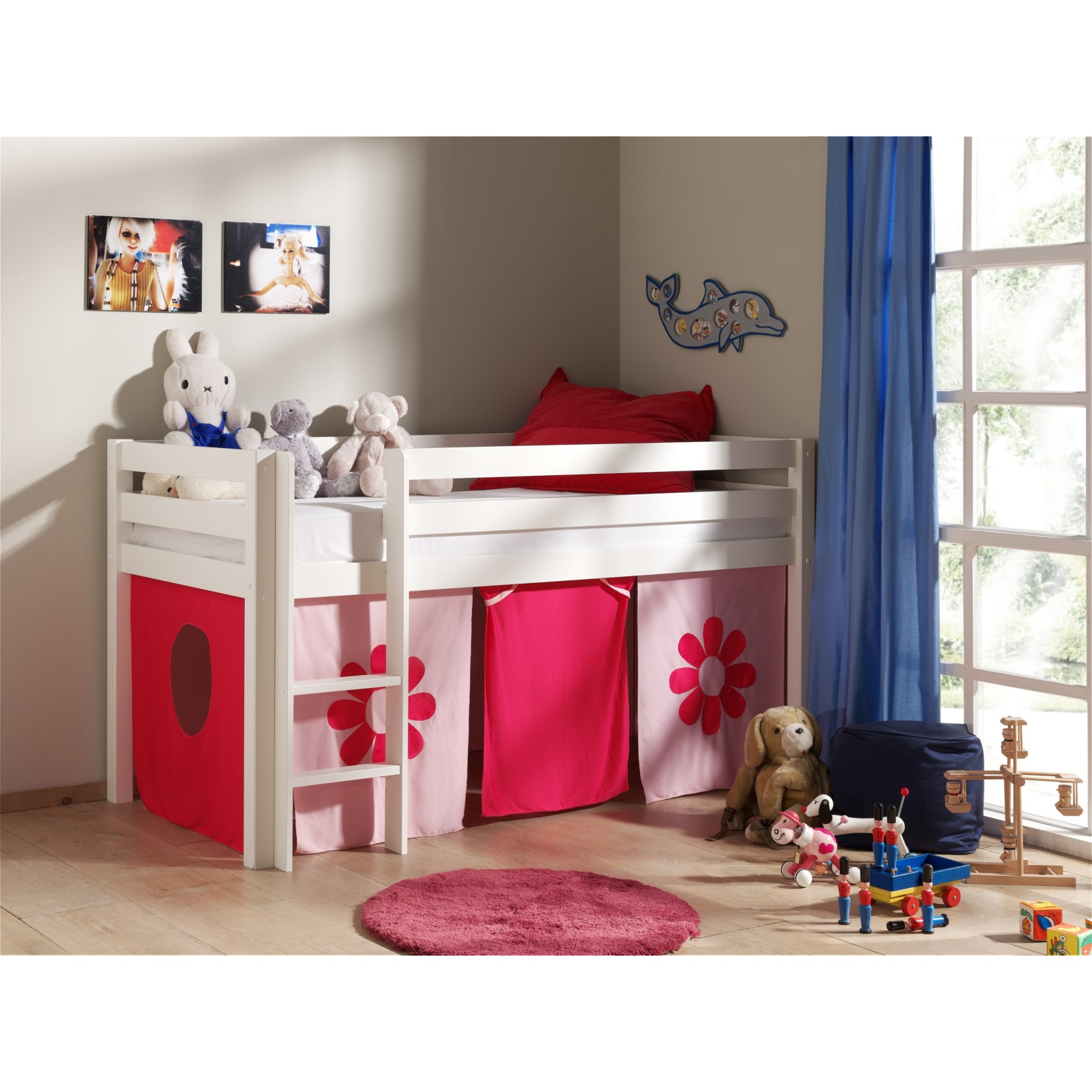 Vipack Spielbett Pino mit Textilset "Pink Flower", Kiefer massiv weiss lackiert 