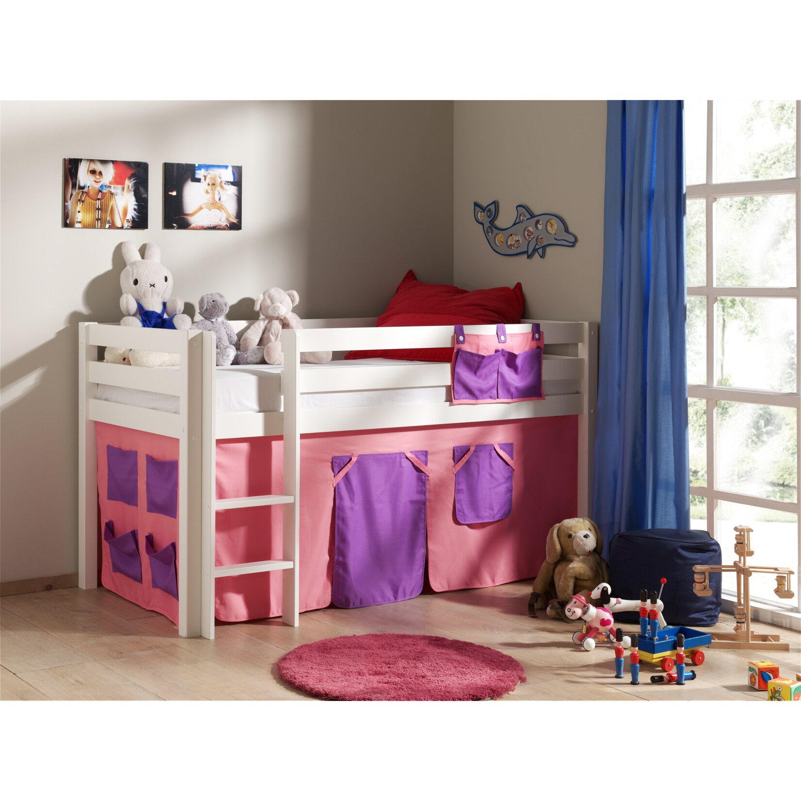 Vipack Spielbett Pino mit Textilset "Bella", Kiefer massiv weiss lackiert