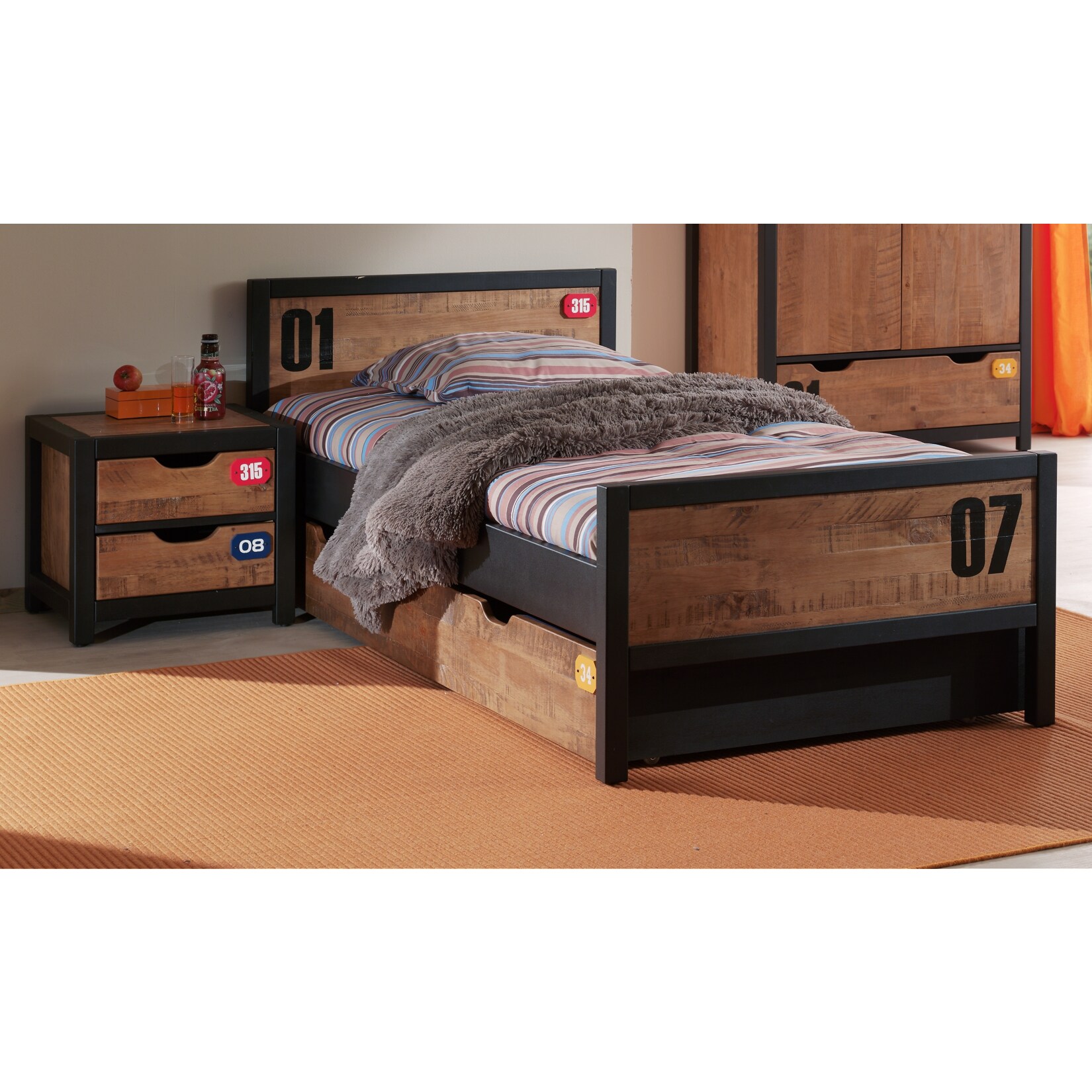 Vipack Set Alex best. aus Nachtkonsole, Einzelbett 90x200 und Bettschublade  Kiefer geb&uuml;rstet 