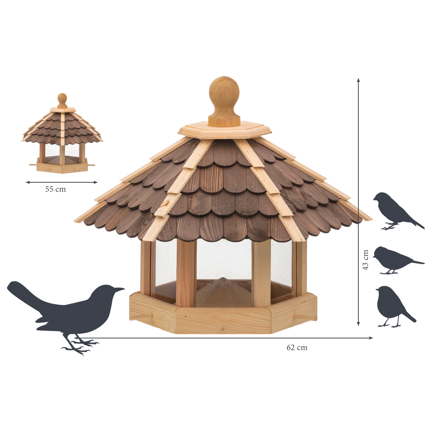 Dobar Futterhaus mit lasierten dunklen Holzschindeln und Futterpyramide 