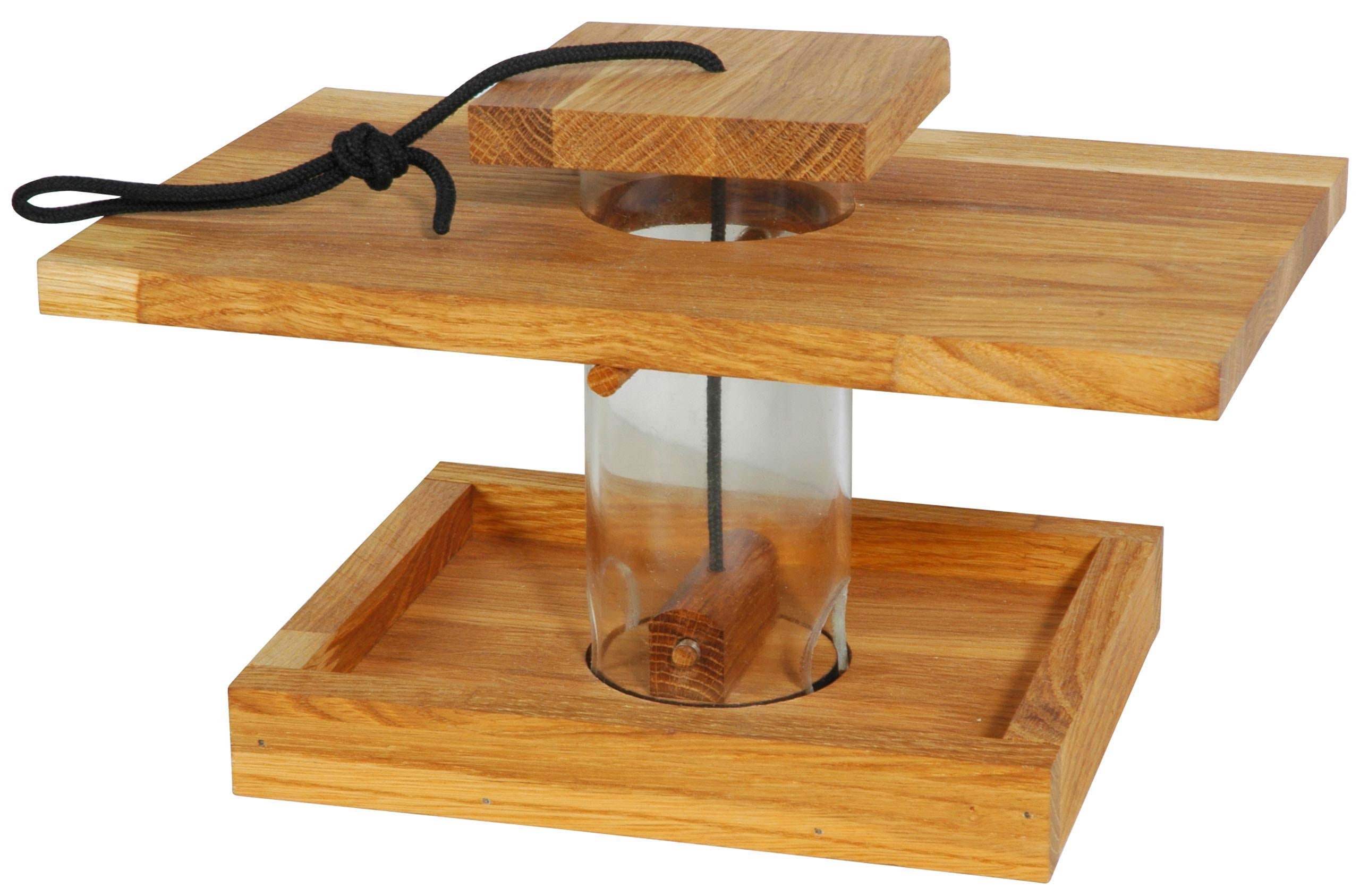 Futterhaus aus Eichenholz mit Acrylglassilo und Kordel 