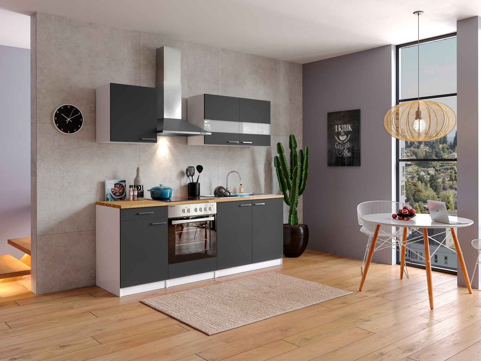Respekta Küchenzeile KB210WGC 210 cm Weiß - Grau