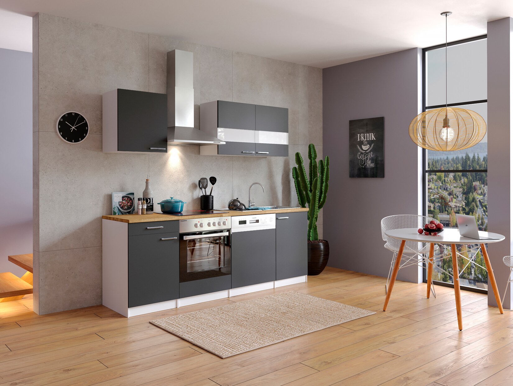 Respekta Küchenzeile KB220WGC 220 cm Weiß - Grau