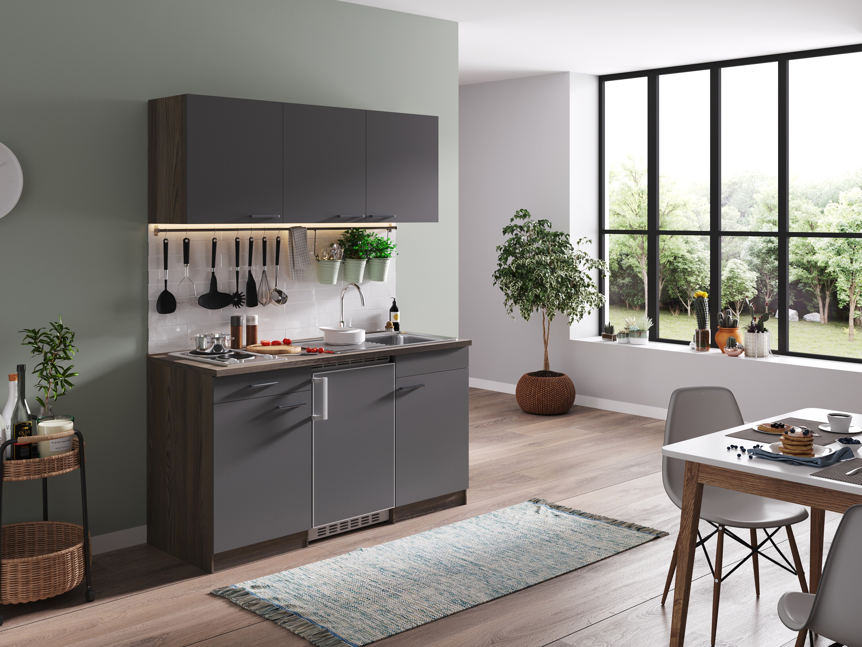Respekta Küchenzeile KB150EYG 150 cm Grau-Eiche York Nachbildung