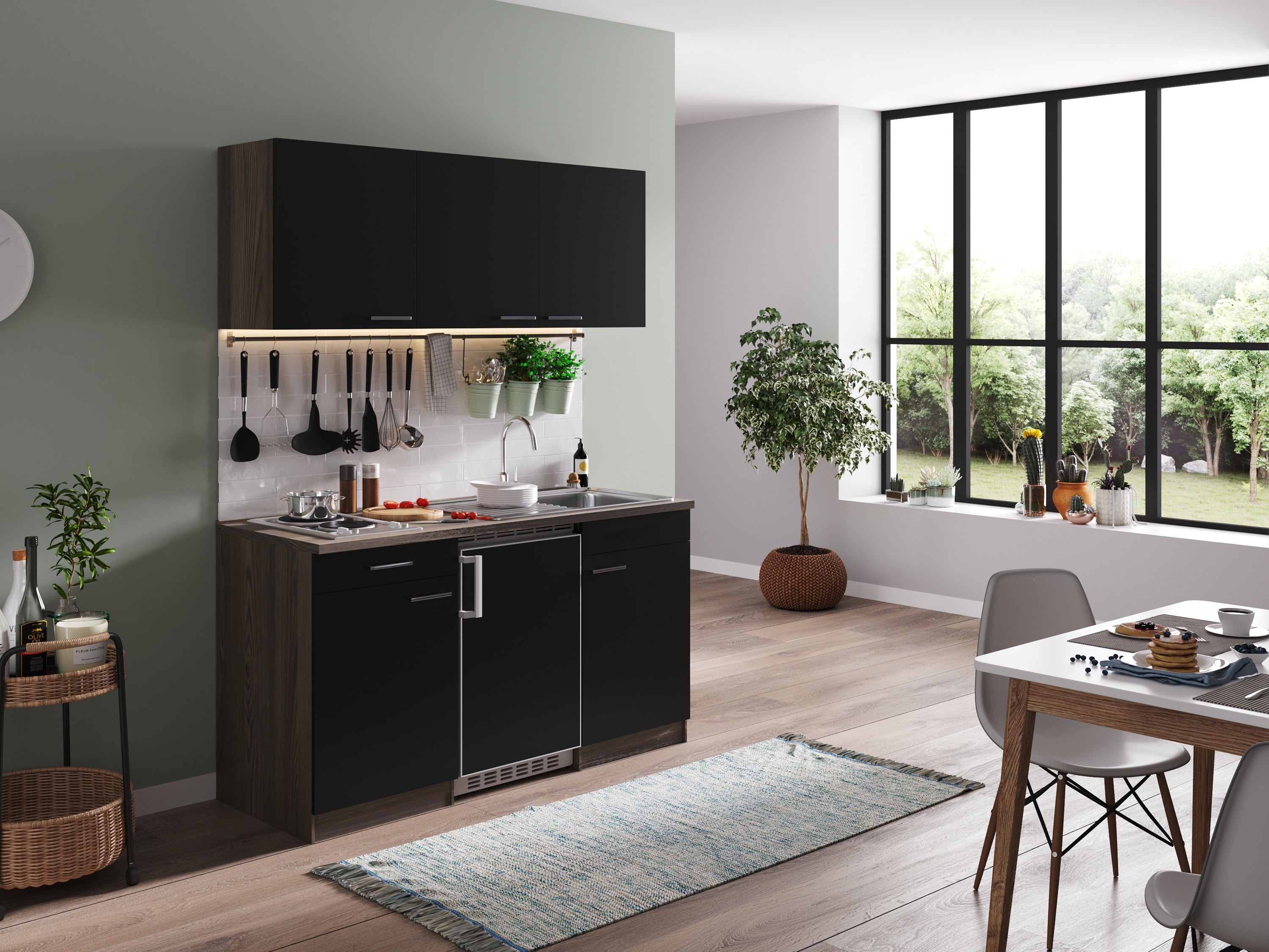 Respekta Küchenzeile KB150EYS 150 cm Schwarz-Eiche York Nachbildung