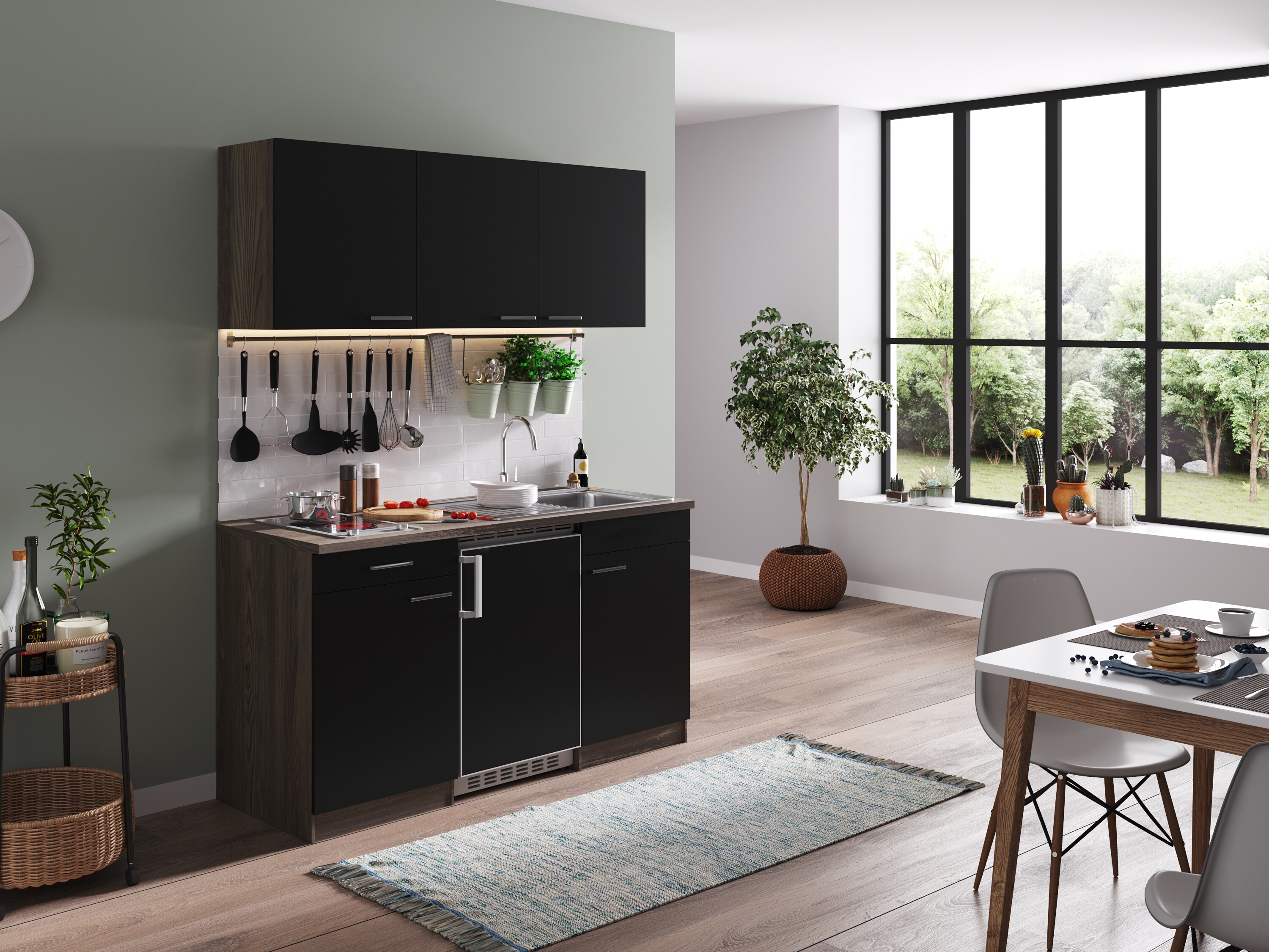 Respekta Küchenzeile KB150EYSC 150 cm Schwarz-Eiche York Nachbildung