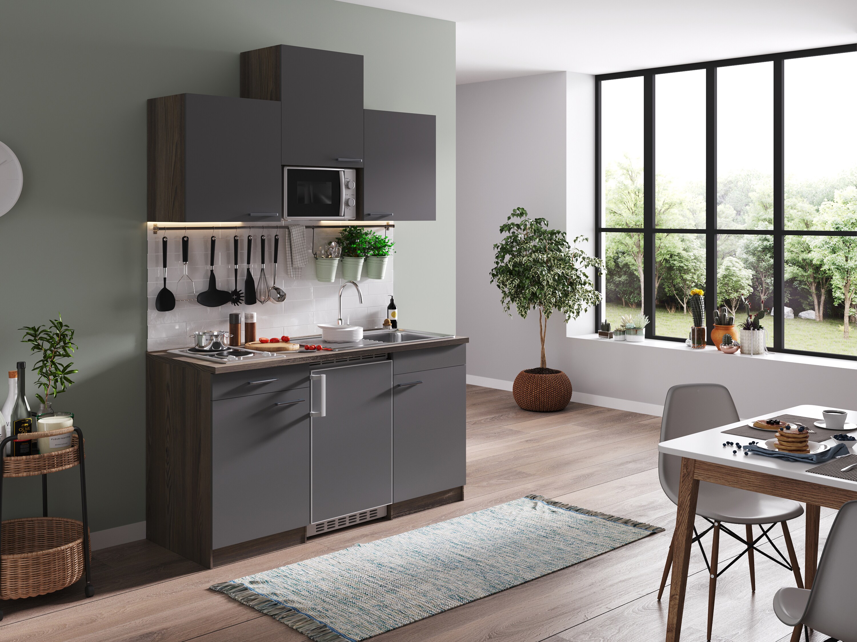 Respekta Küchenzeile KB150EYGMI 150 cm Grau-Eiche York Nachbildung