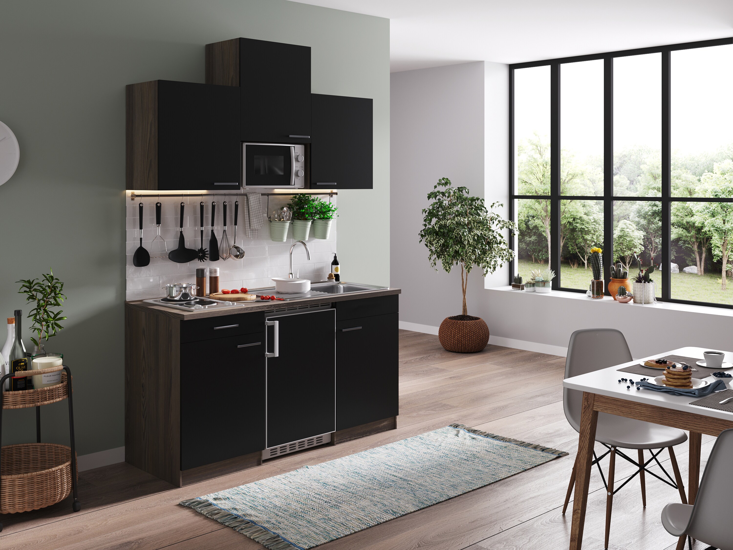 Respekta K&uuml;chenzeile KB150EYSMI 150 cm Schwarz-Eiche York Nachbildung 