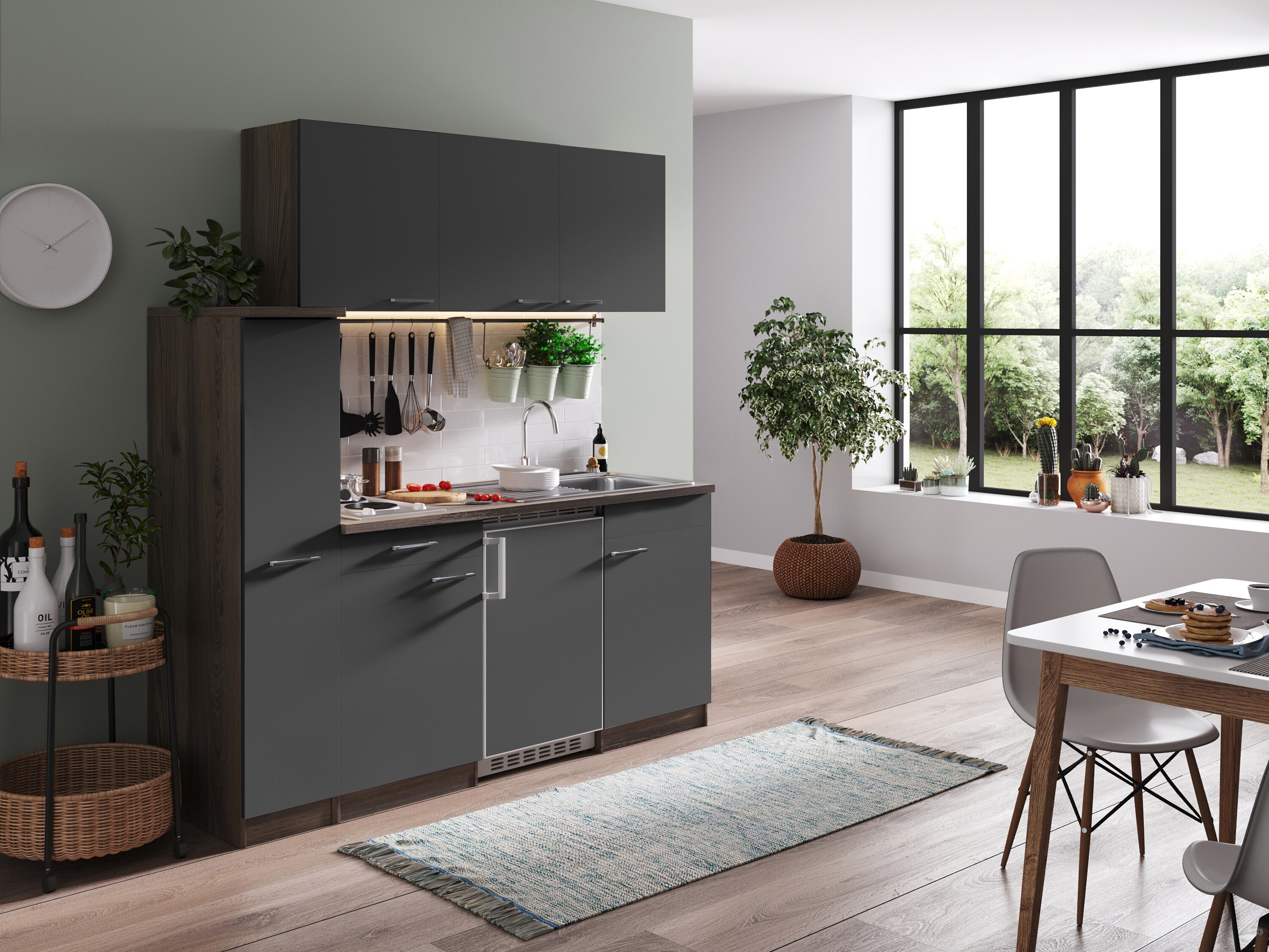 Respekta Küchenzeile KB180EYG 180 cm Grau-Eiche York Nachbildung