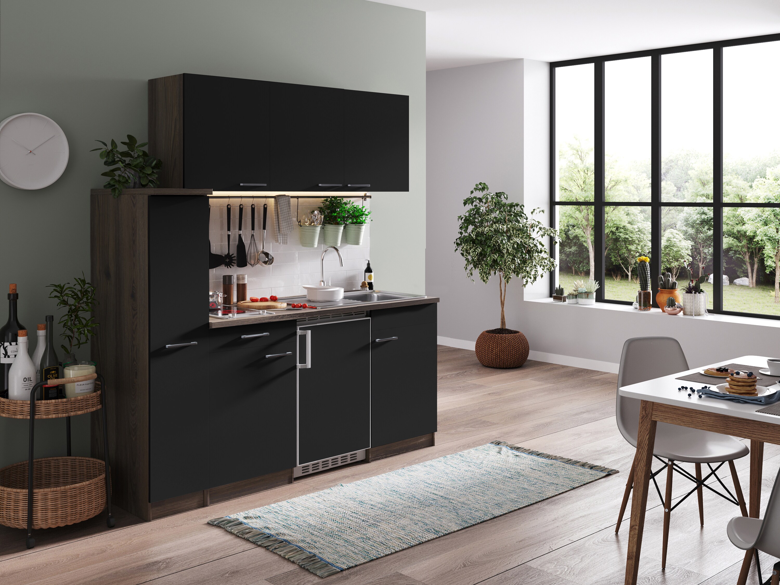 Respekta Küchenzeile KB180EYSC 180 cm Schwarz-Eiche York Nachbildung