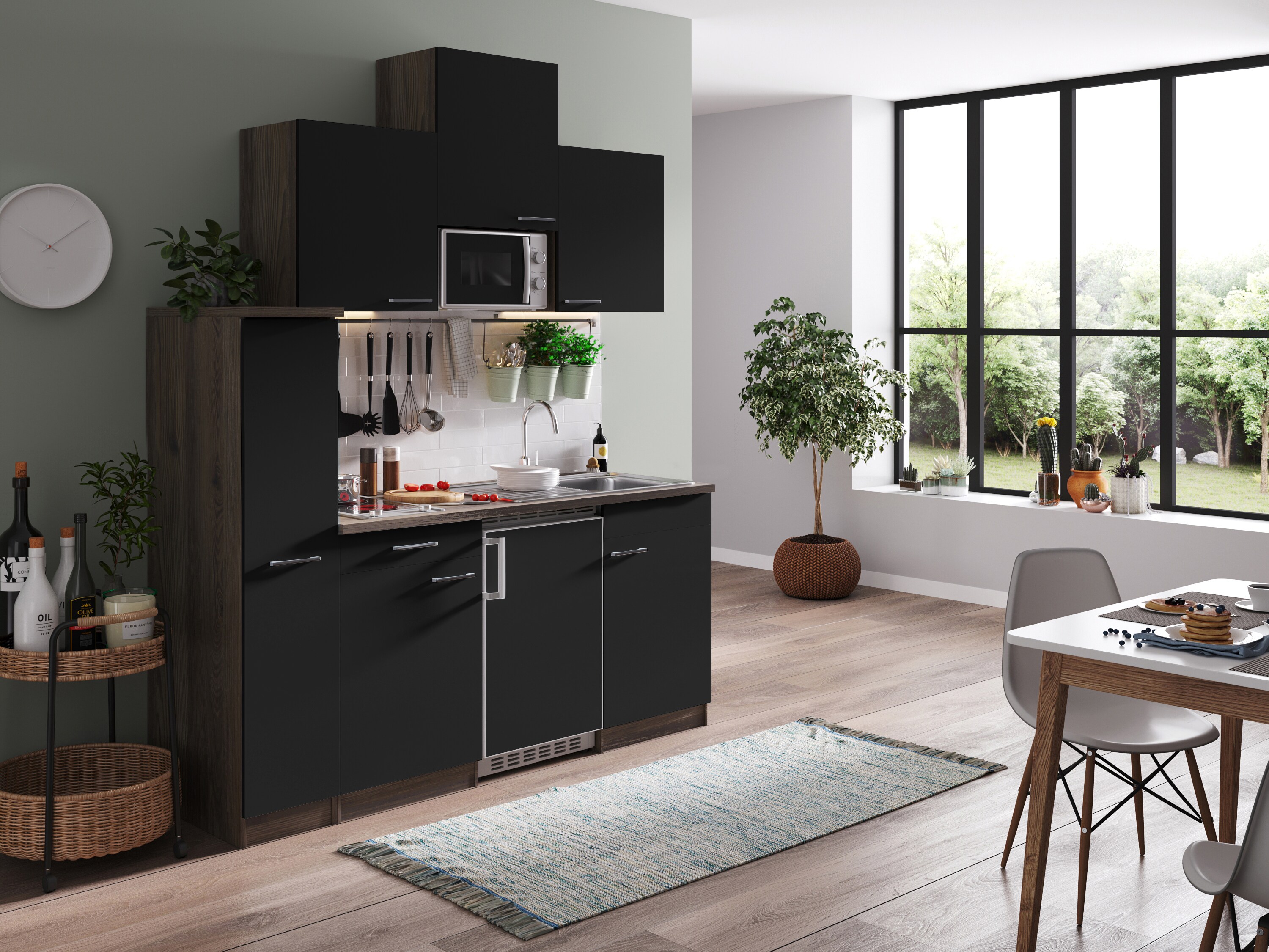 Respekta Küchenzeile KB180EYSMIC 180 cm Schwarz-Eiche York Nachbildung