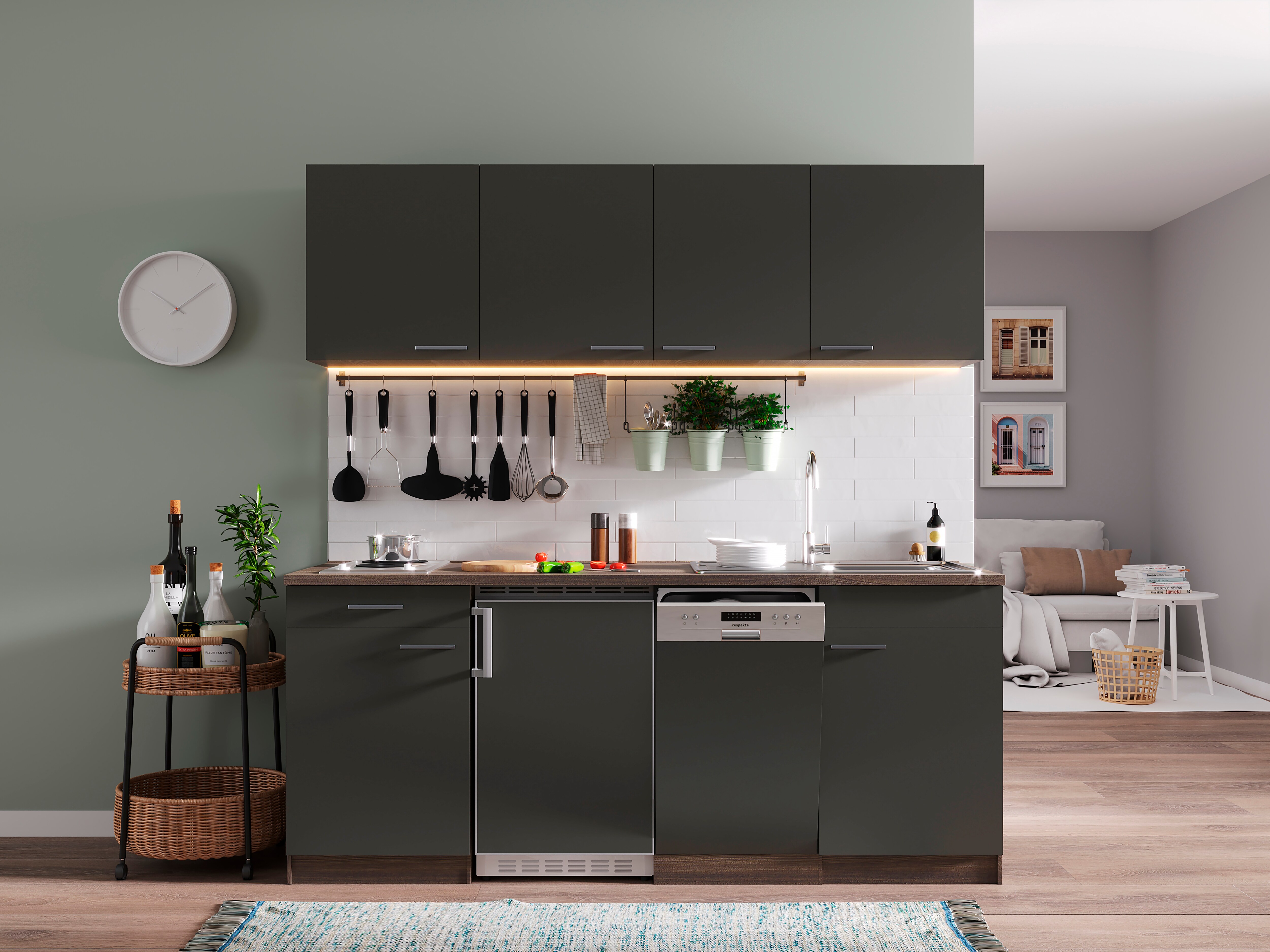 Respekta K&uuml;chenzeile KB195EYG 195 cm Grau-Eiche York Nachbildung 