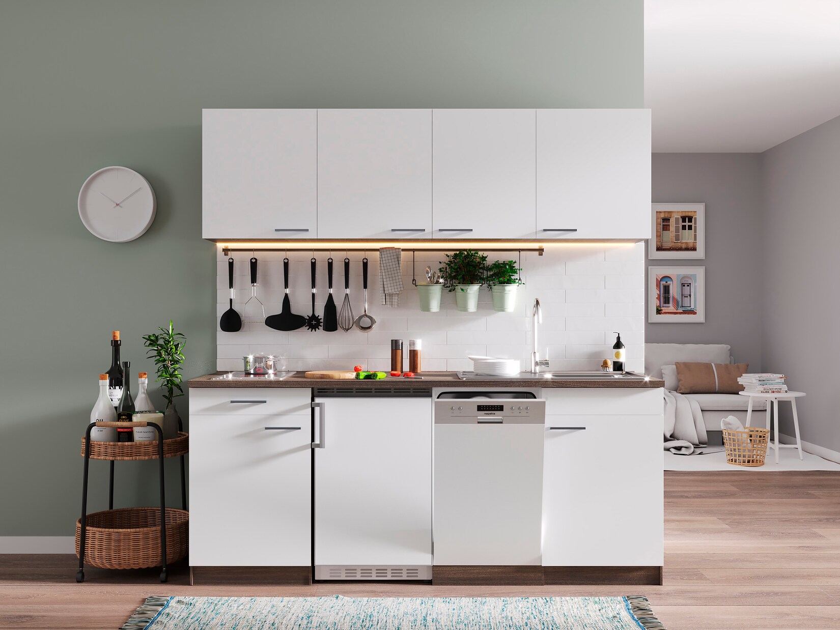 Respekta Küchenzeile KB195EYWC 195 cm Weiß-Eiche York Nachbildung