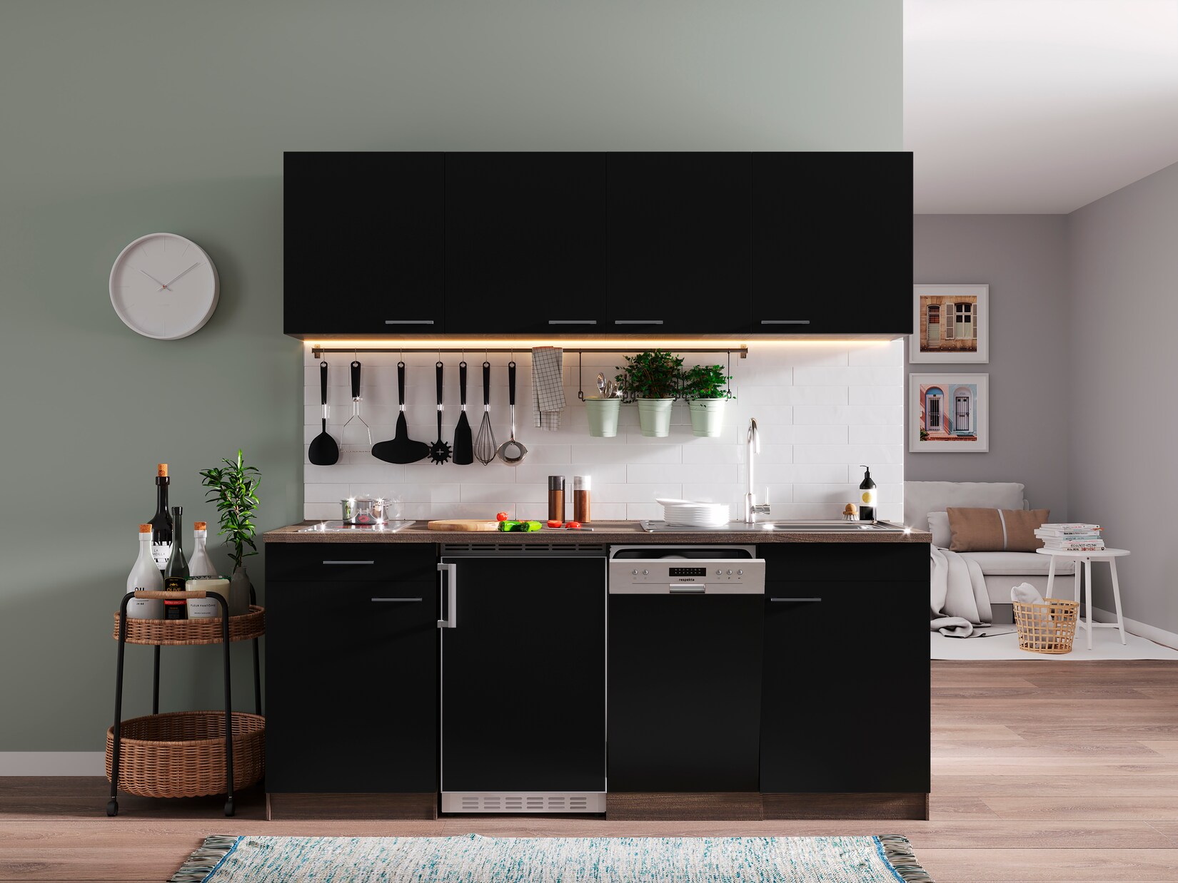 Respekta Küchenzeile KB195EYSC 195 cm Schwarz-Eiche York Nachbildung