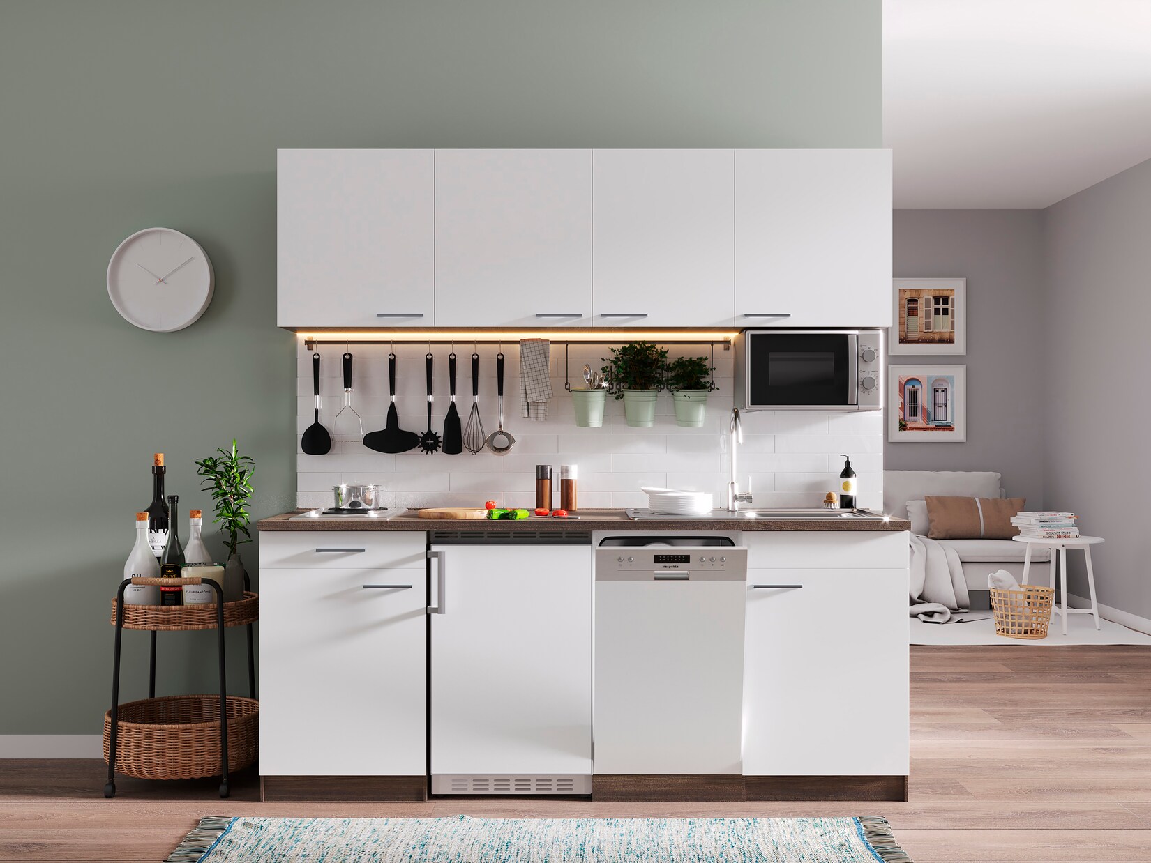 Respekta Küchenzeile KB195EYWMI 195 cm Weiß-Eiche York Nachbildung