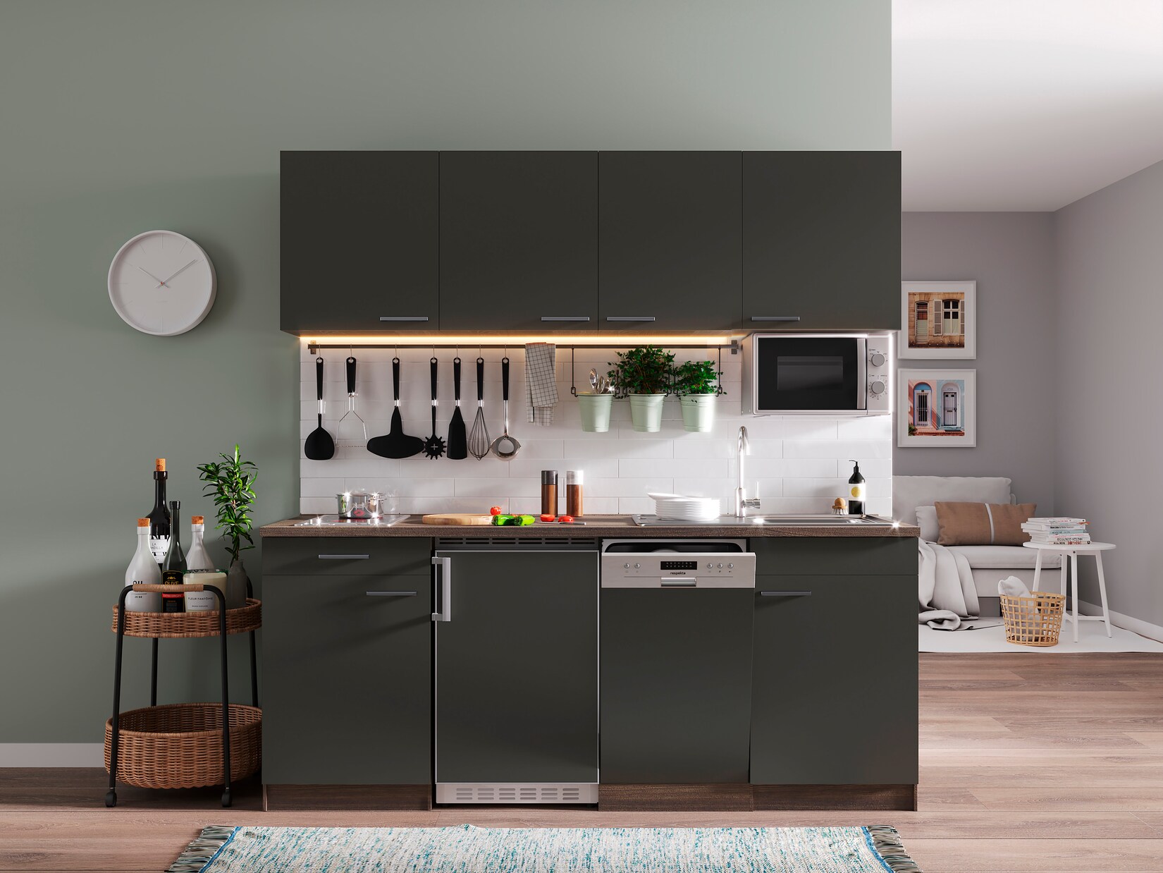 Respekta Küchenzeile KB195EYGMIC 195 cm Grau-Eiche York Nachbildung