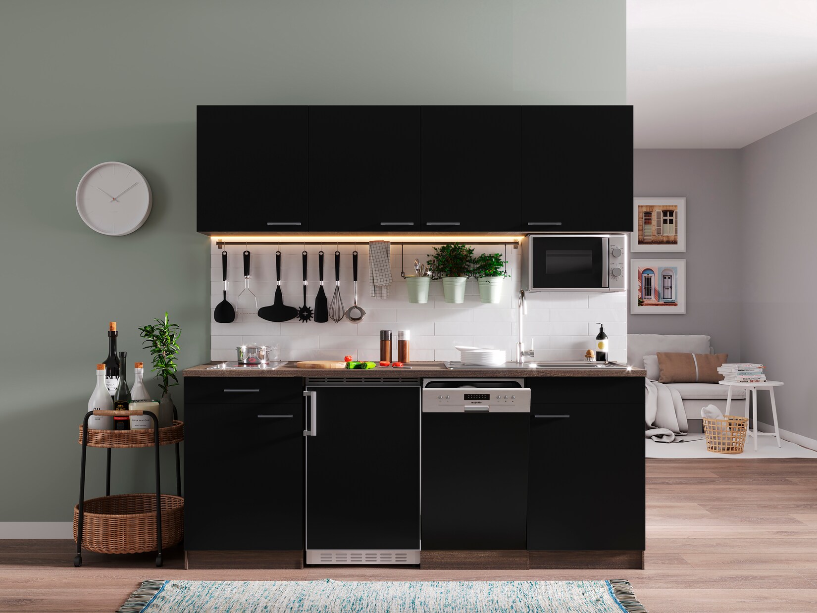 Respekta Küchenzeile KB195EYSMIC 195 cm Schwarz-Eiche York Nachbildung