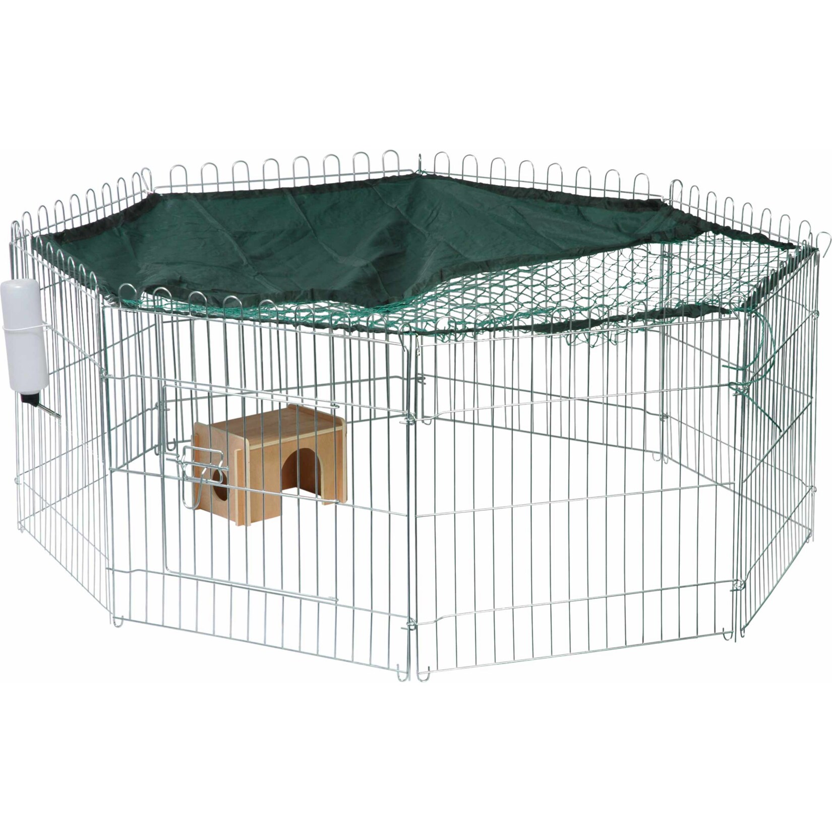 Dobar Gro&szlig;es Freilaufgehege aus Metall (inkl. Schutznetz, Sonnenschutz, Schutzhaus, Trinkflasche) &Oslash;130 cm, 112x112x56 cm 