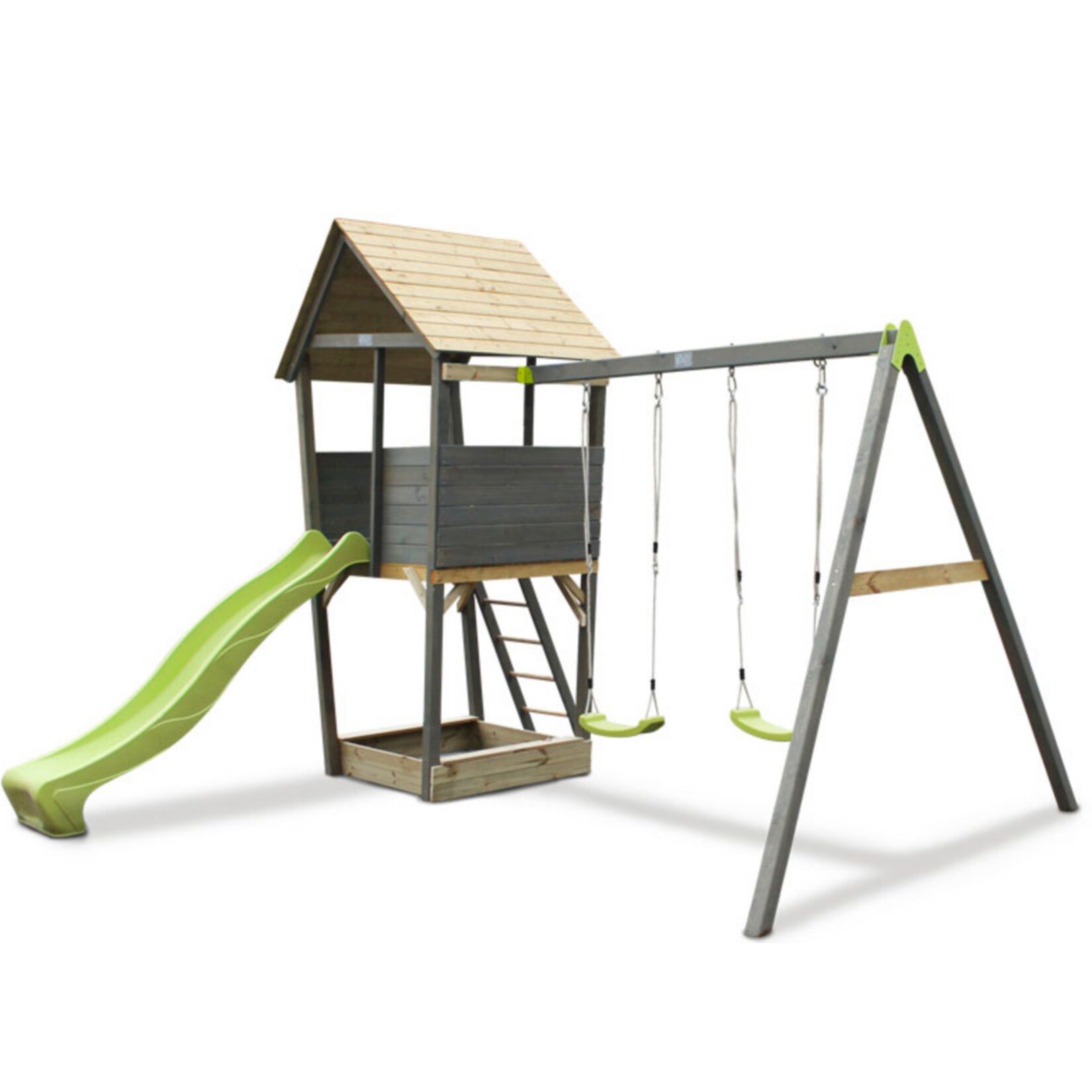 EXIT Aksent Spielturm mit Doppelschaukel, Rutsche und Sandkasten 