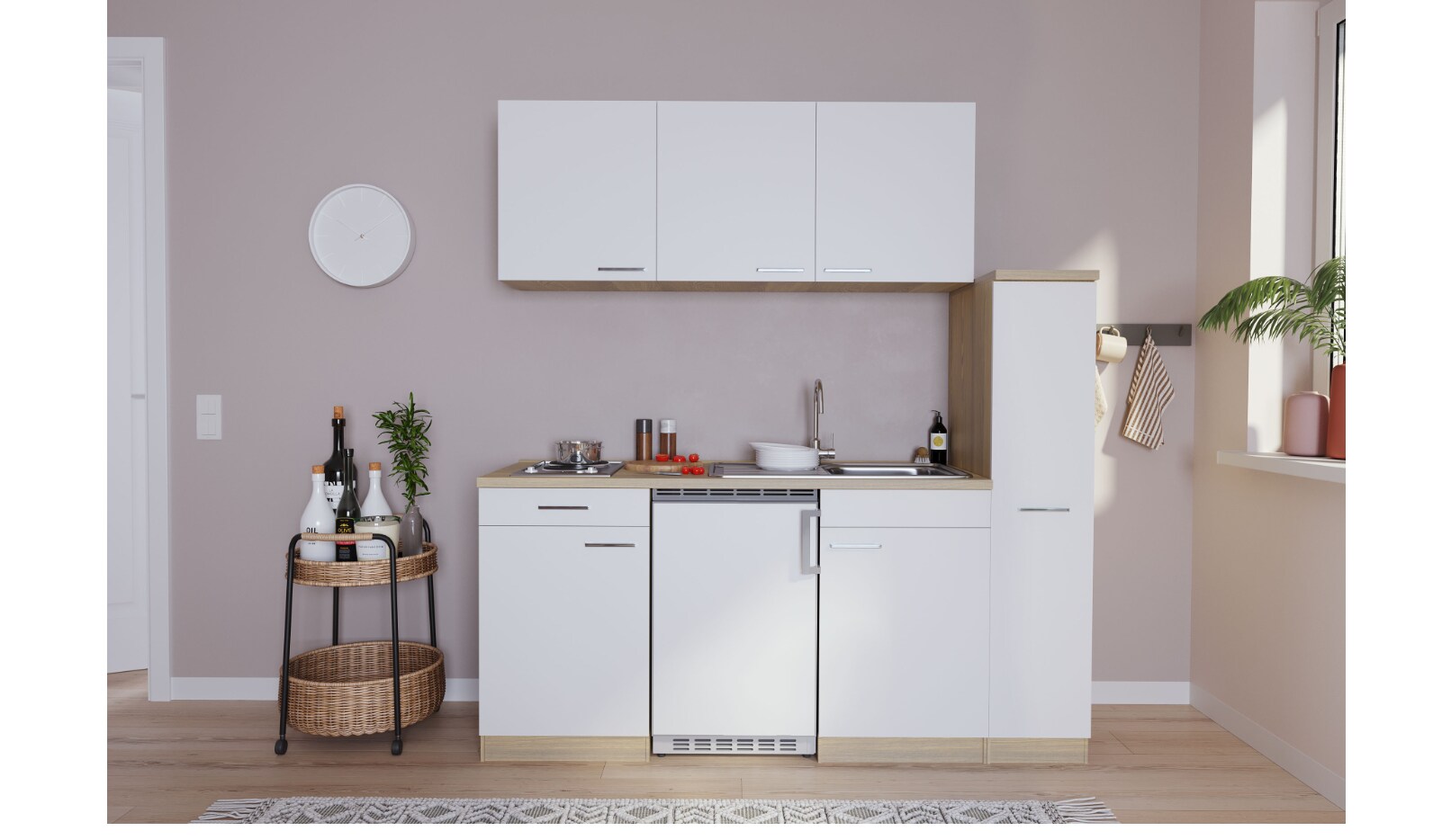 Respekta K&uuml;chenzeile KB180ESW 180 cm Wei&szlig;-Eiche S&auml;gerau Nachbildung 