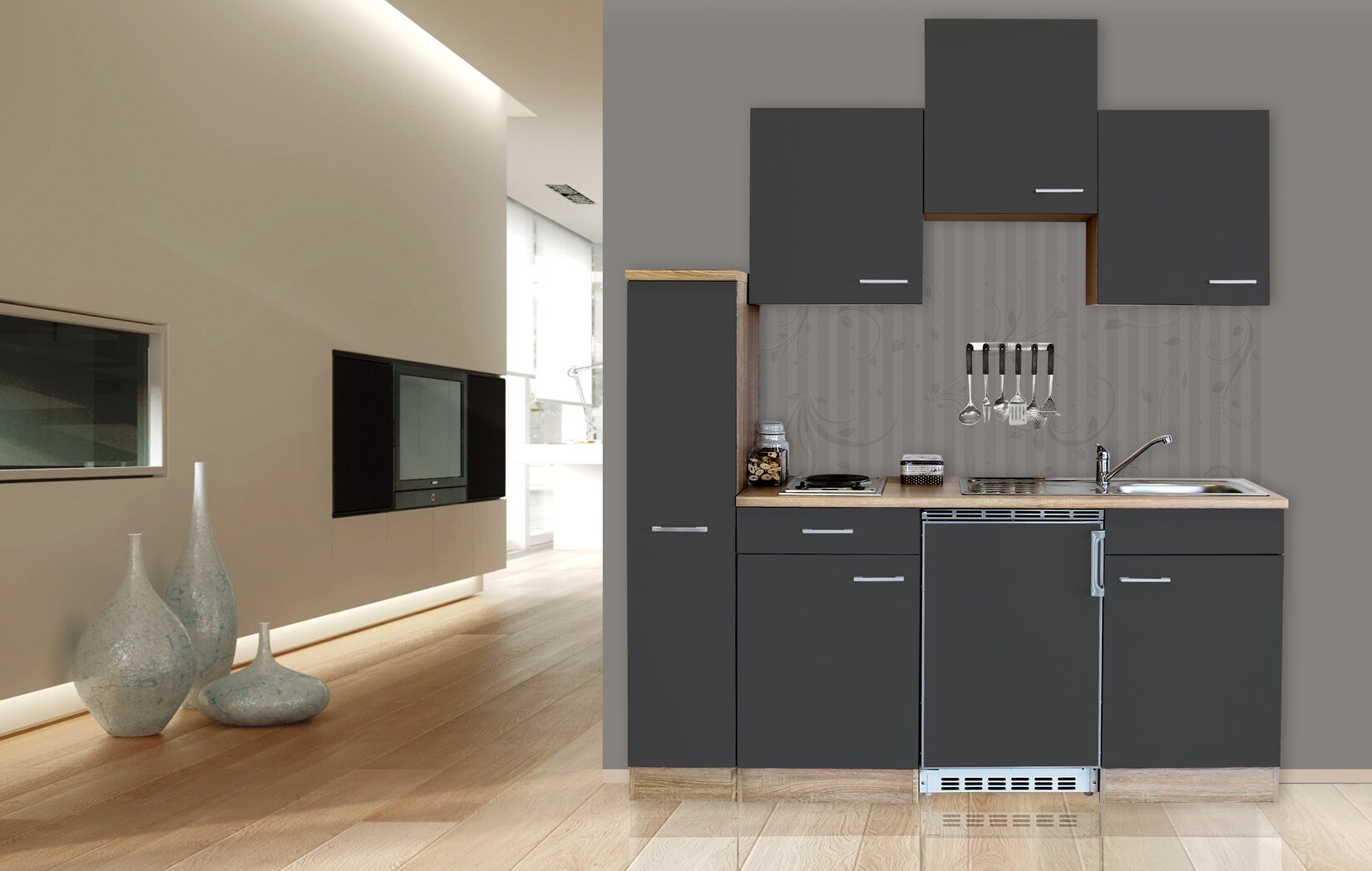 Respekta Küchenzeile KB180ESGC 180 cm Grau-Eiche Sägerau Nachbildung