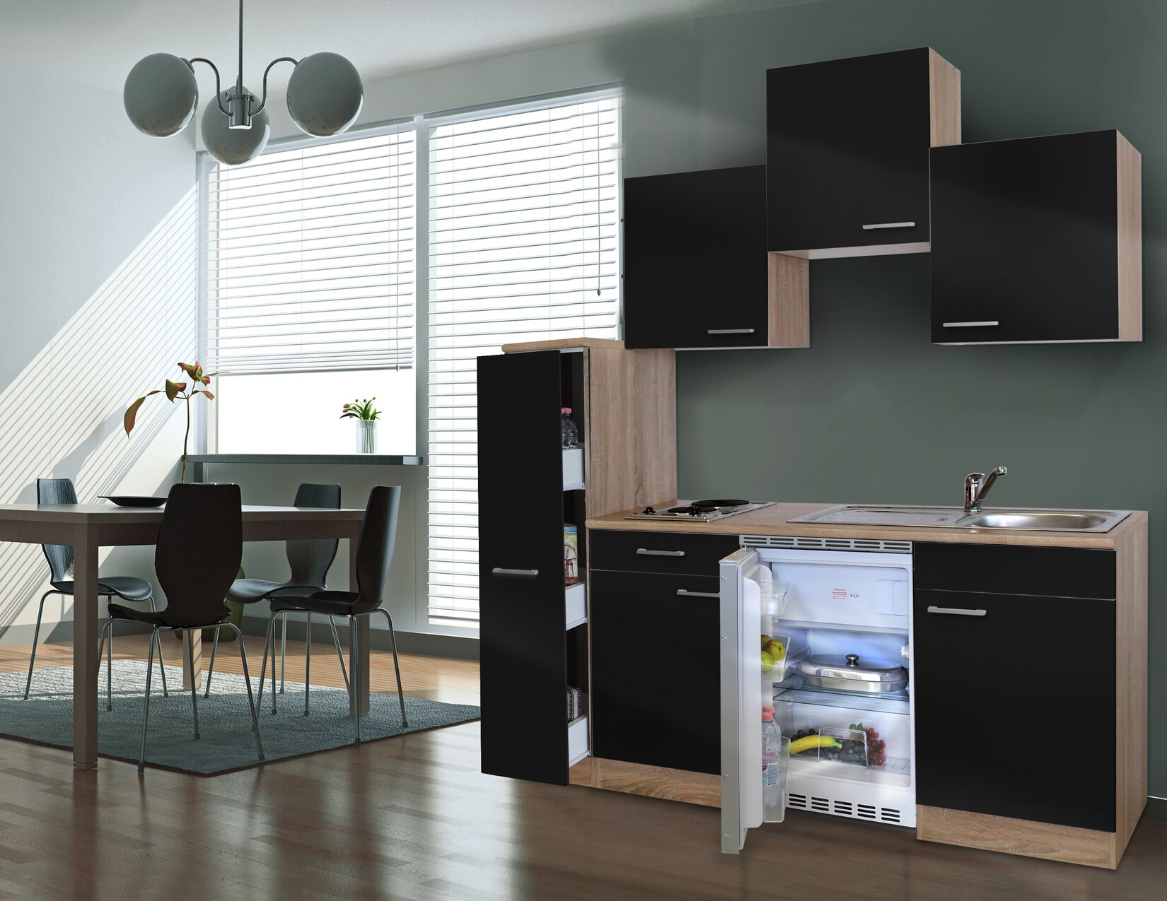 Respekta Küchenzeile KB180ESS 180 cm Schwarz-Eiche Sägerau Nachbildung