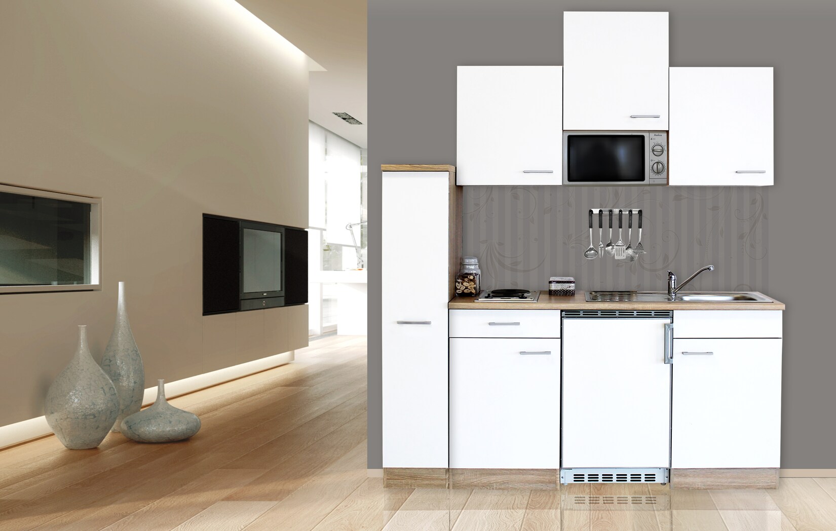 Respekta Küchenzeile KB180ESWMIC 180 cm Weiß-Eiche Sägerau Nachbildung