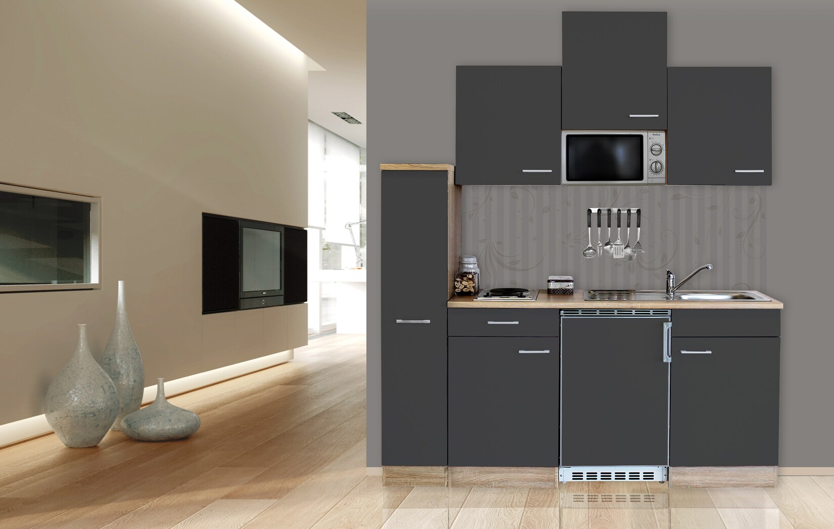 Respekta Küchenzeile KB180ESGMIC 180 cm Grau-Eiche Sägerau Nachbildung