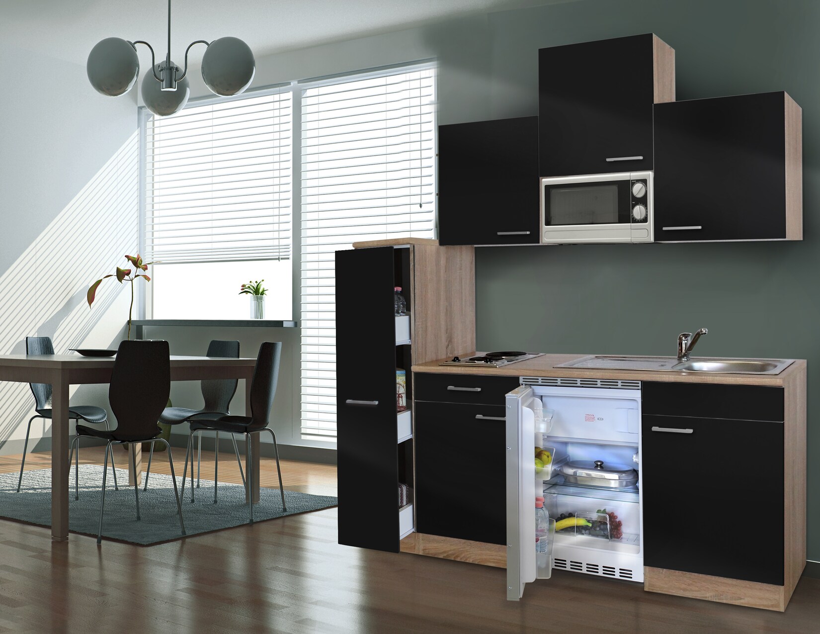 Respekta Küchenzeile KB180ESSMI 180 cm Schwarz-Eiche Sägerau Nachbildung