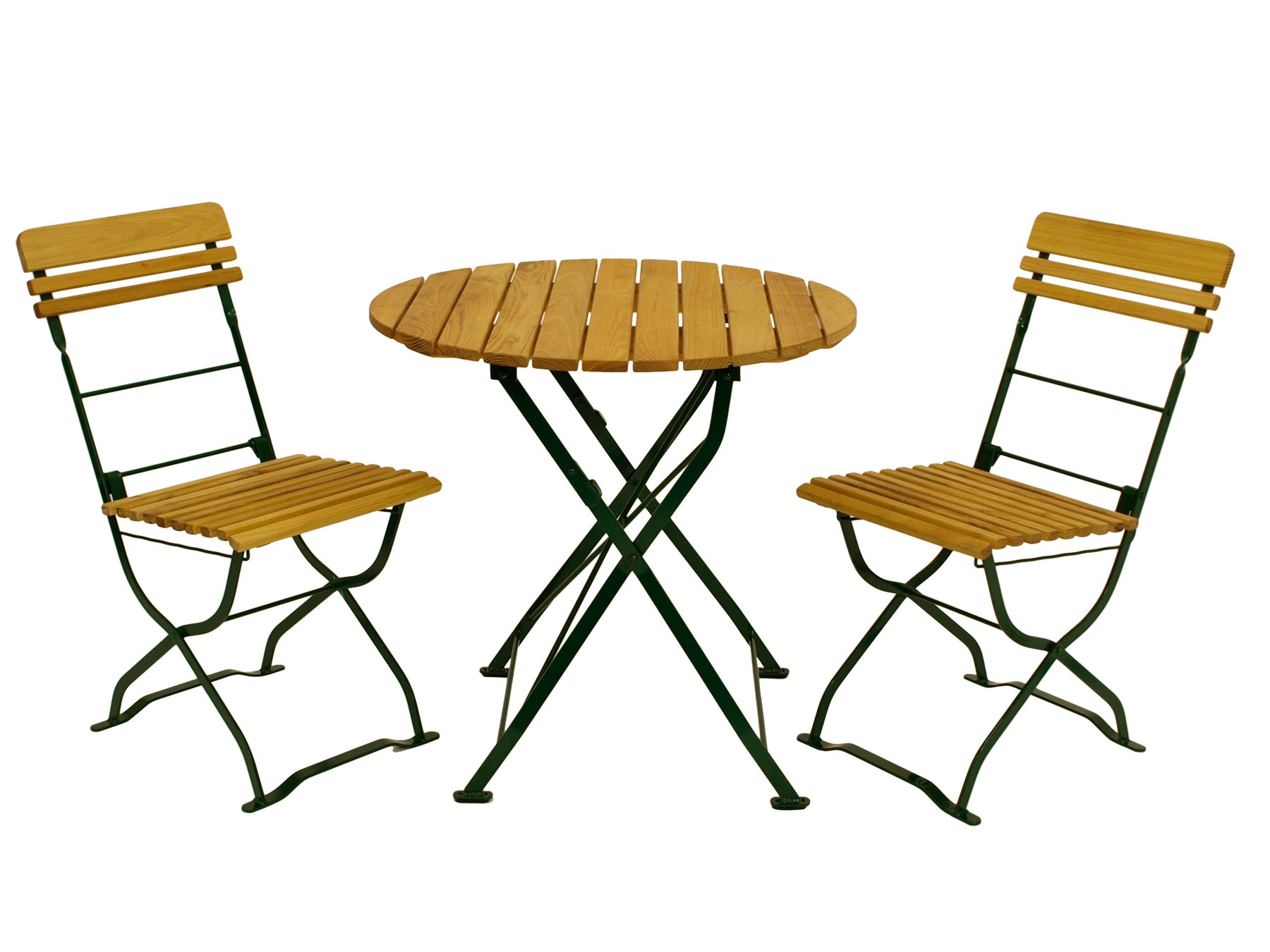 Biergarten - Garnitur M&Uuml;NCHEN 3-teilig (2x Stuhl, 1x Tisch 77cm rund), Flachstahl gr&uuml;n + Robinie 