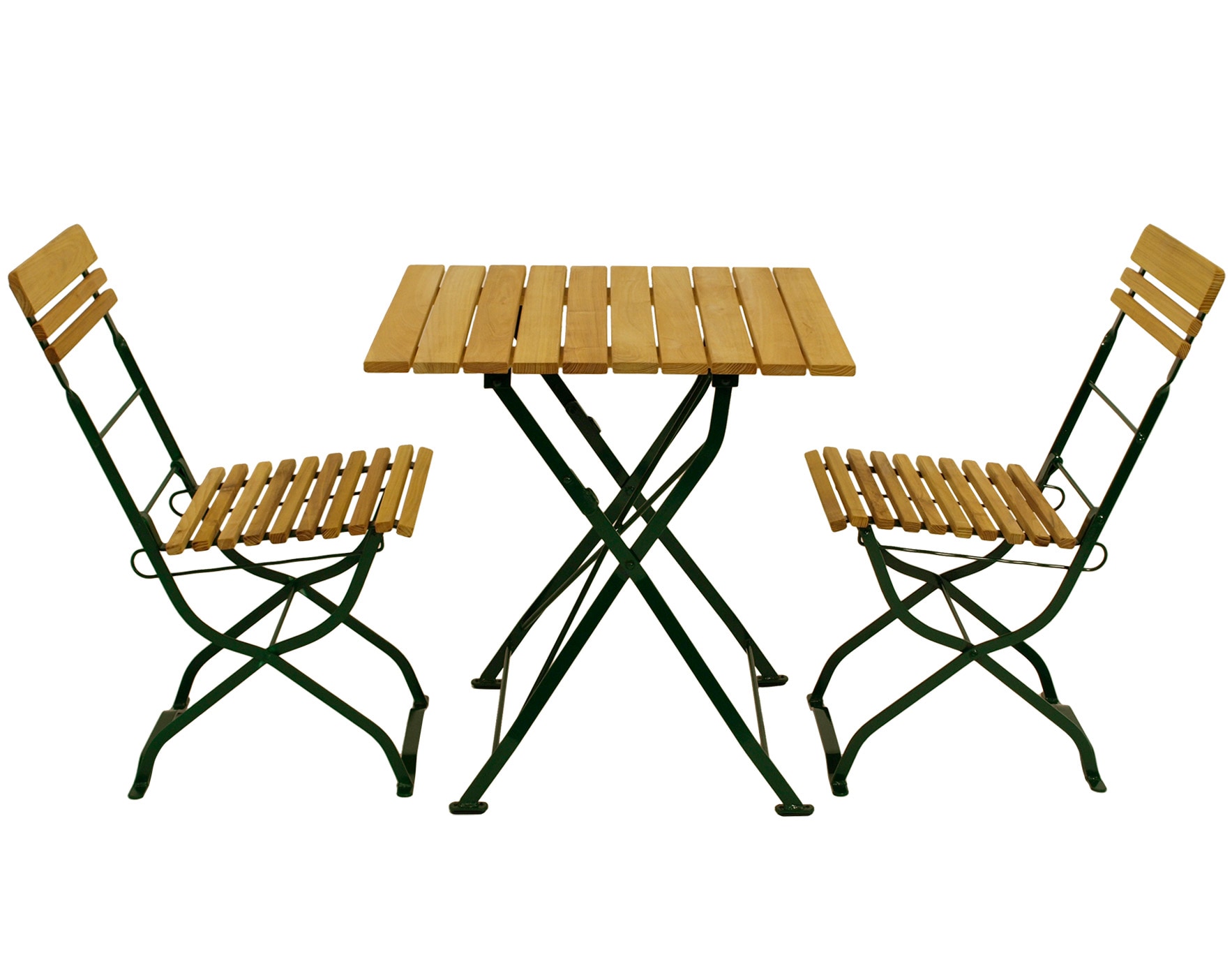 Biergarten - Garnitur M&Uuml;NCHEN 3-teilig (2x Stuhl, 1x Tisch 70x70cm), Flachstahl gr&uuml;n + Robinie 
