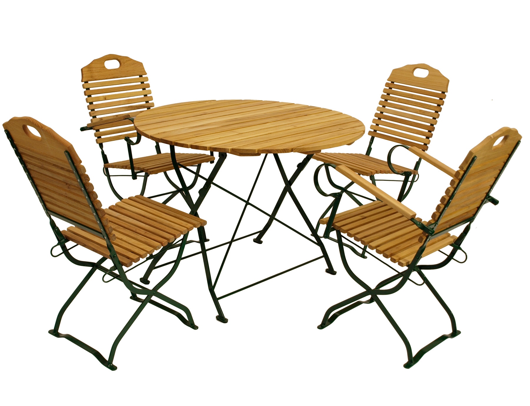 Kurgarten - Garnitur BAD T&Ouml;LZ 5-teilig (2x Stuhl, 2x Armlehnensessel, 1x Tisch 100cm rund), Flachstahl gr&uuml;n + Robinie, klappbar 