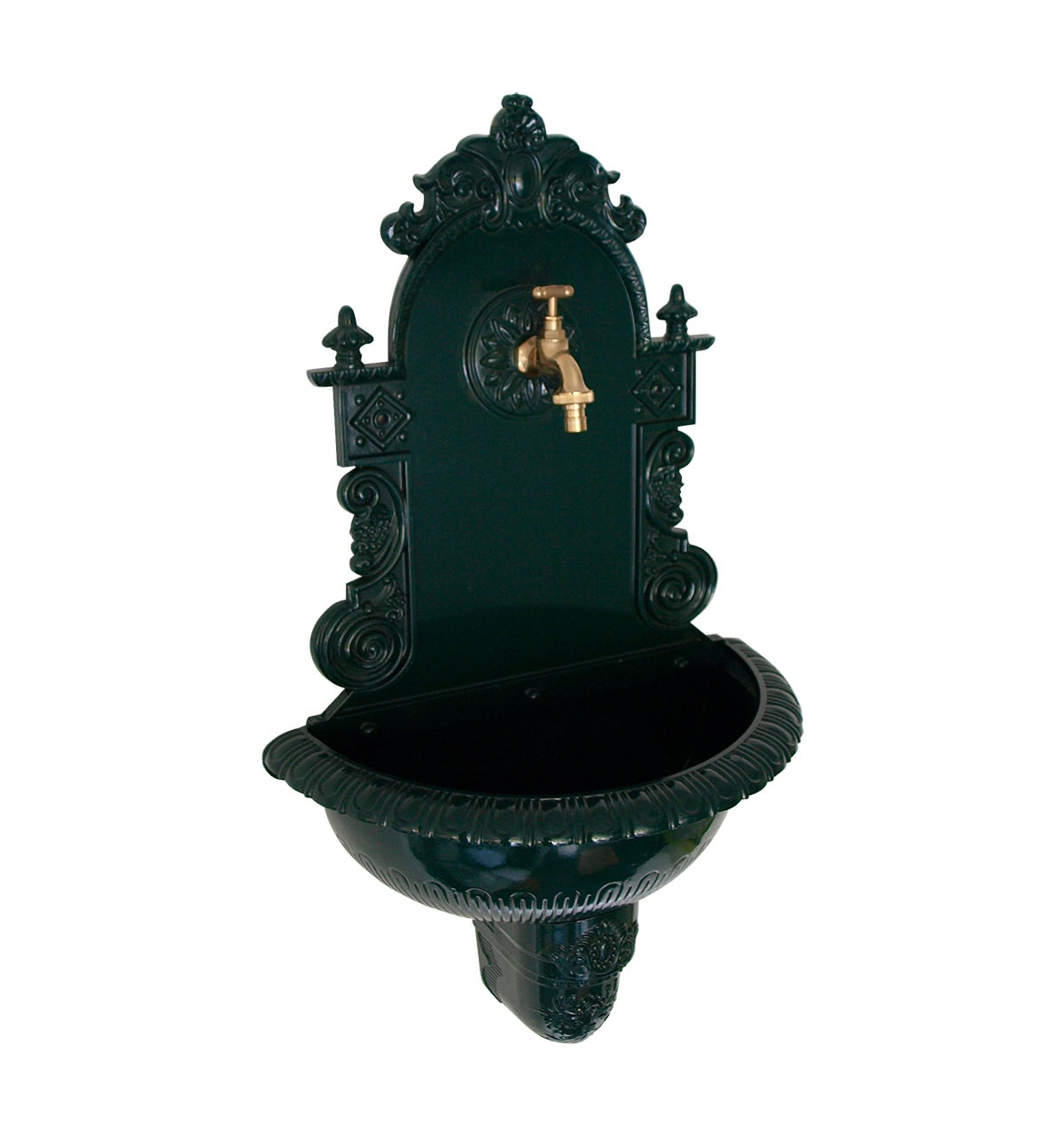 Wandbrunnen TIROL aus Aluguss mit Wasserhahn, dunkelgr&uuml;n 
