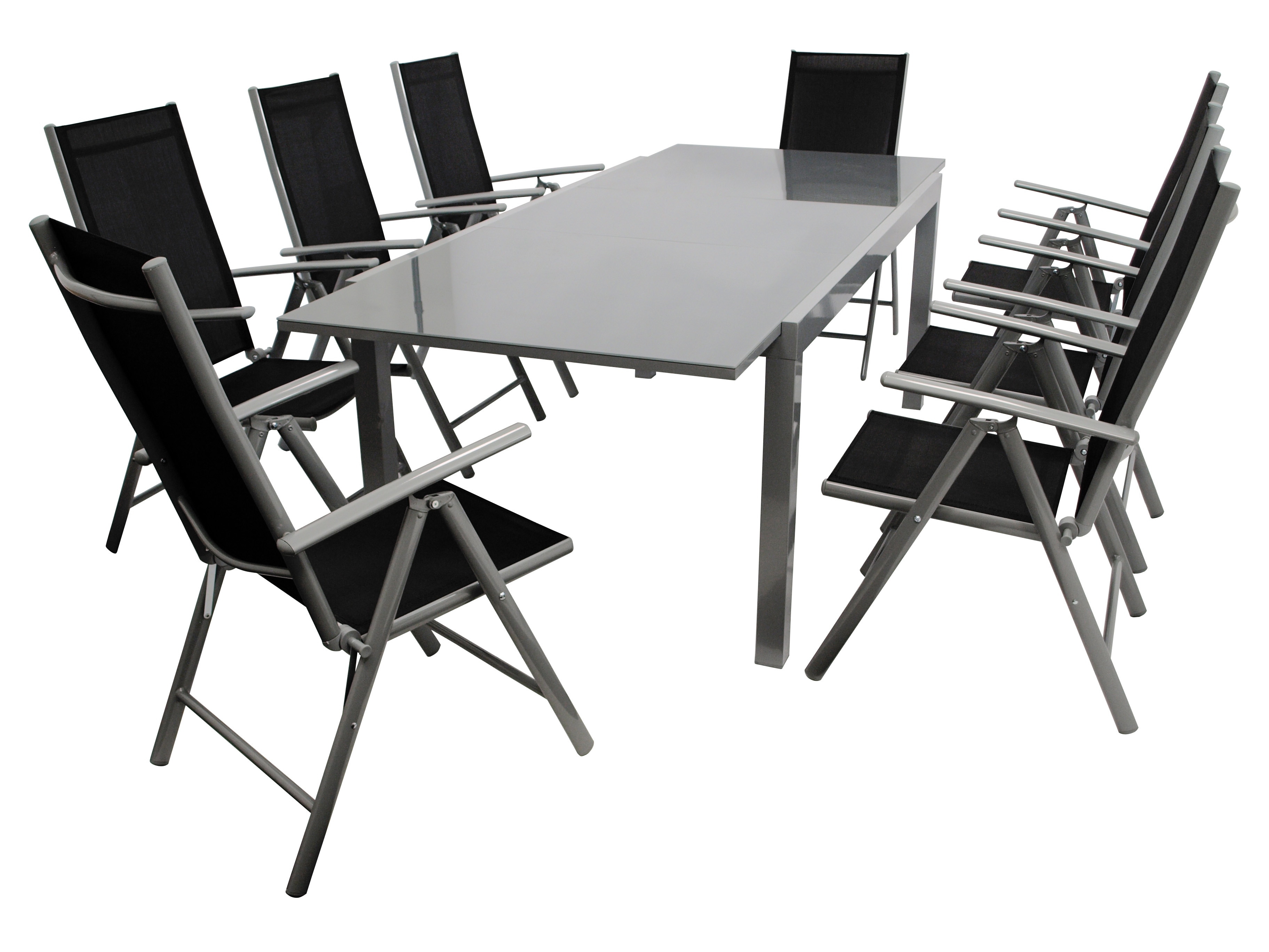 Garnitur MARINA 9-teilig, Aluminium silbergrau + Kunstgewebe schwarz 