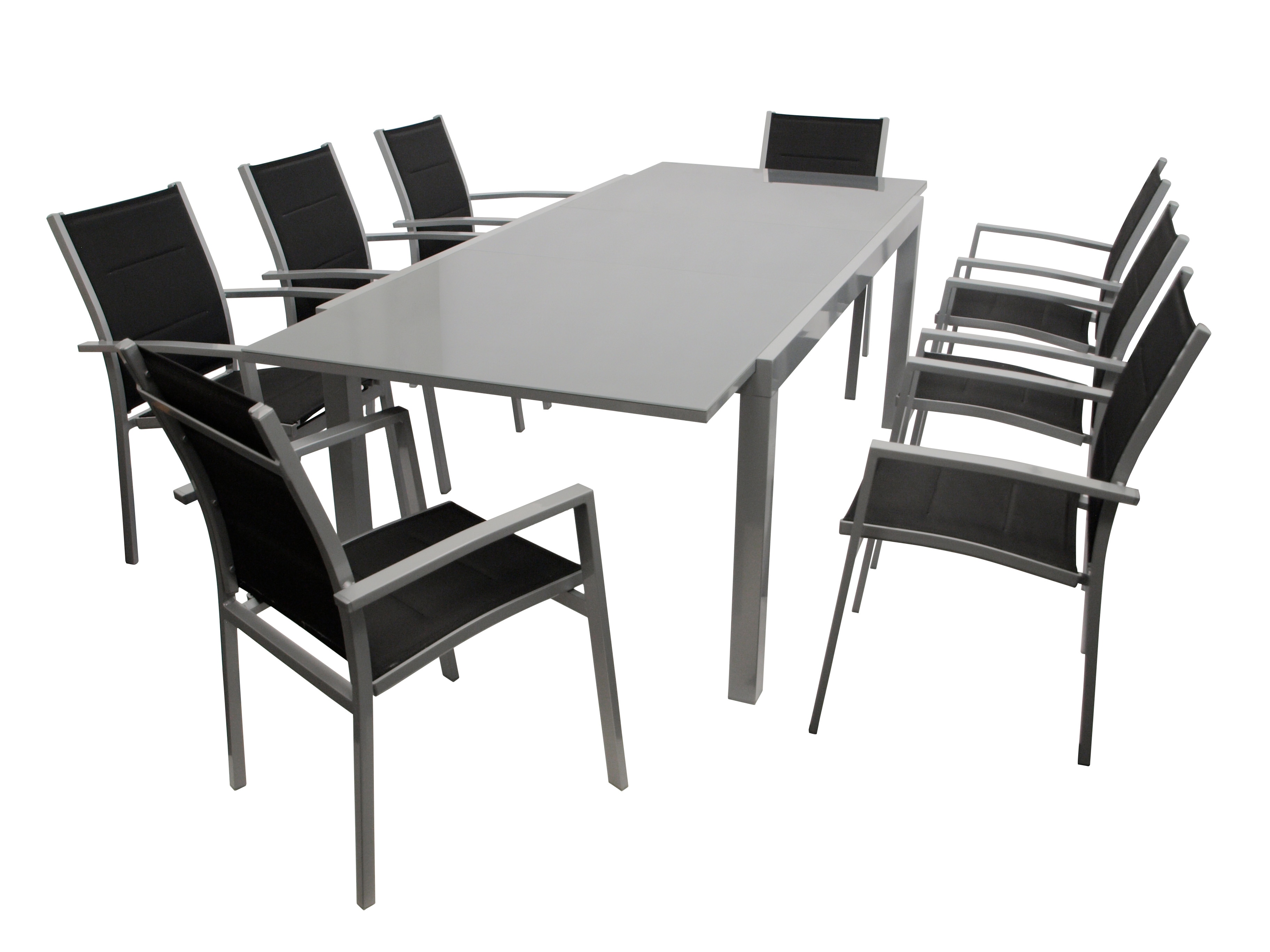 Garnitur MARINA 9-teilig, Aluminium silbergrau + Kunstgewebe schwarz 