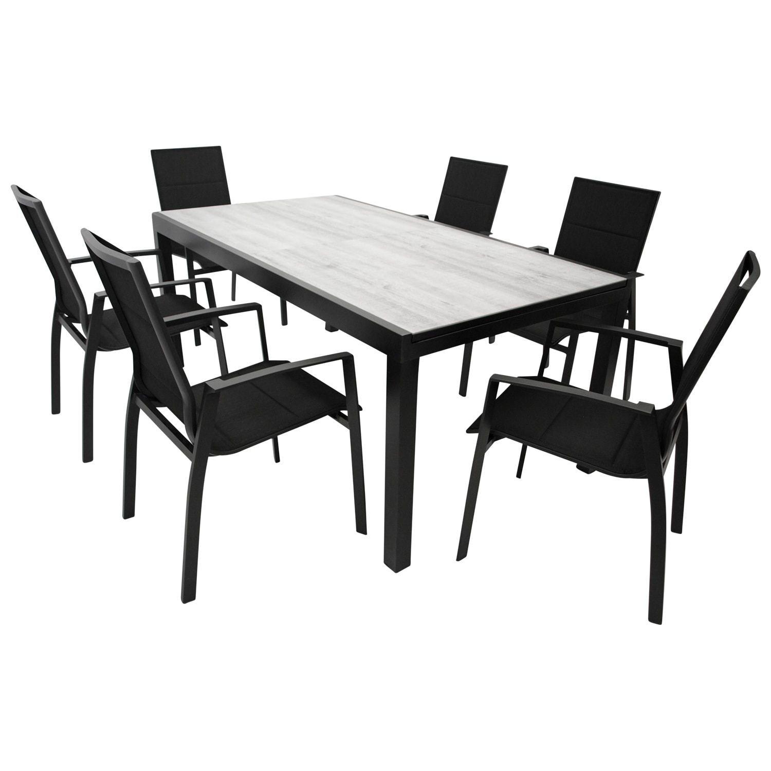 Garnitur FARO 7-teilig, Aluminium anthrazit + Glas + Kunstgewebe schwarz 