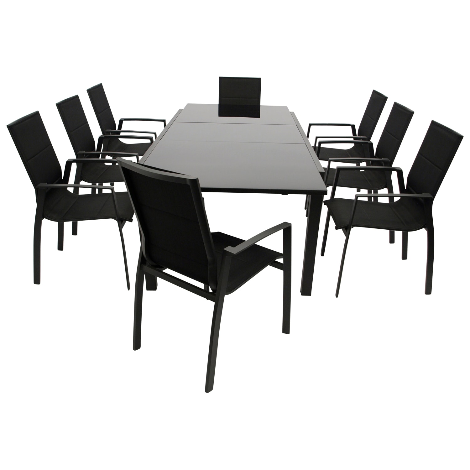 Garnitur ELBA 9-teilig, Aluminium anthrazit + Glas + Kunstgewebe schwarz 