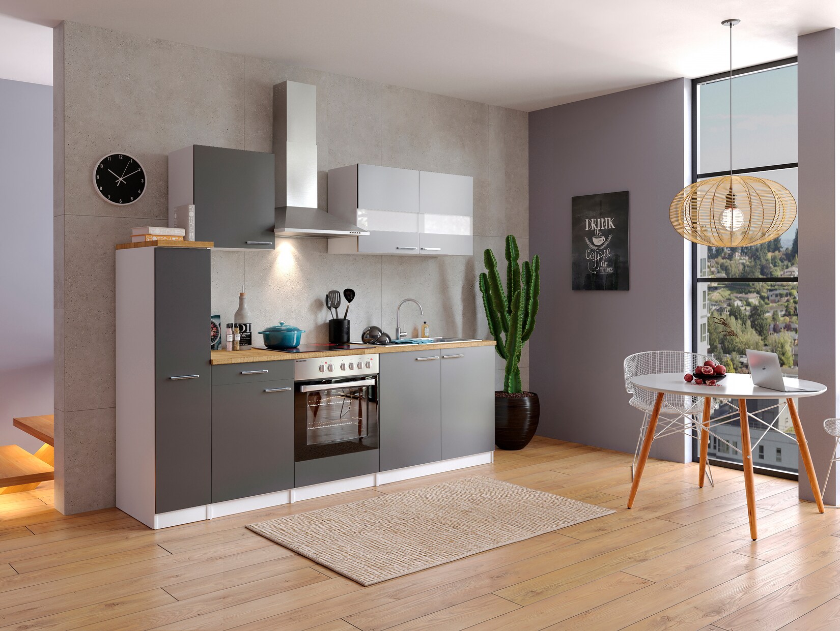 Respekta Küchenzeile KB240WGC 240 cm Weiß - Grau