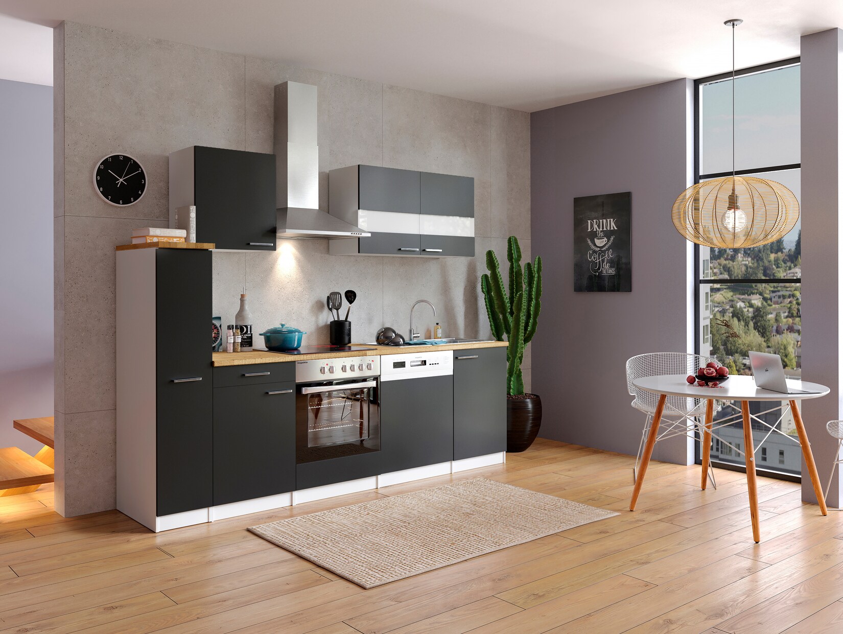 Respekta Küchenzeile KB250WSC 250 cm Weiß - Schwarz